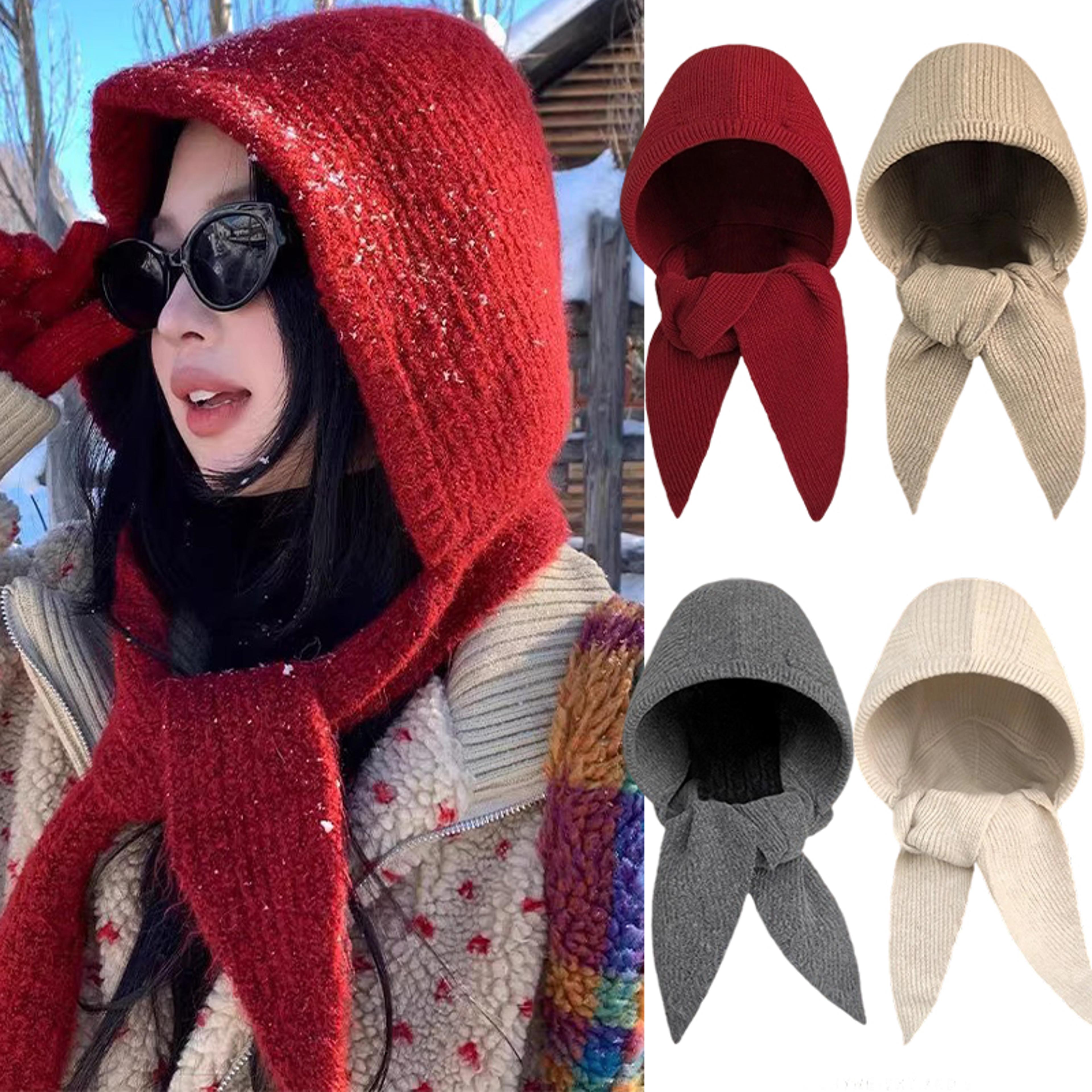 knitted hooded cap, winter keep warm balaclava scarf hats for outdoor ski, cold hat women, thicken neck ear protector