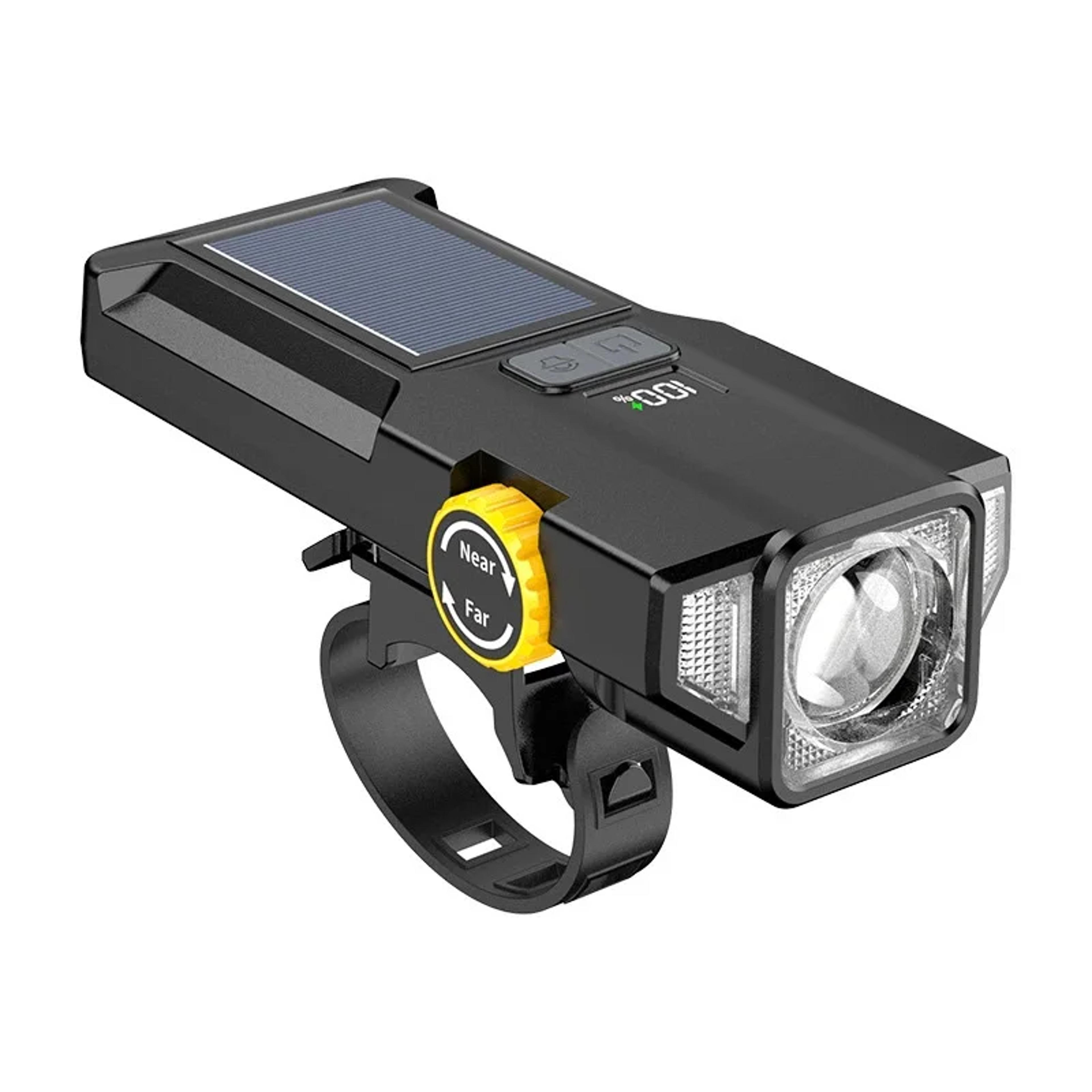 mtb mountain road bike front lamp, usb rechargeable solar bicycle light with power display, integrated flashlight
