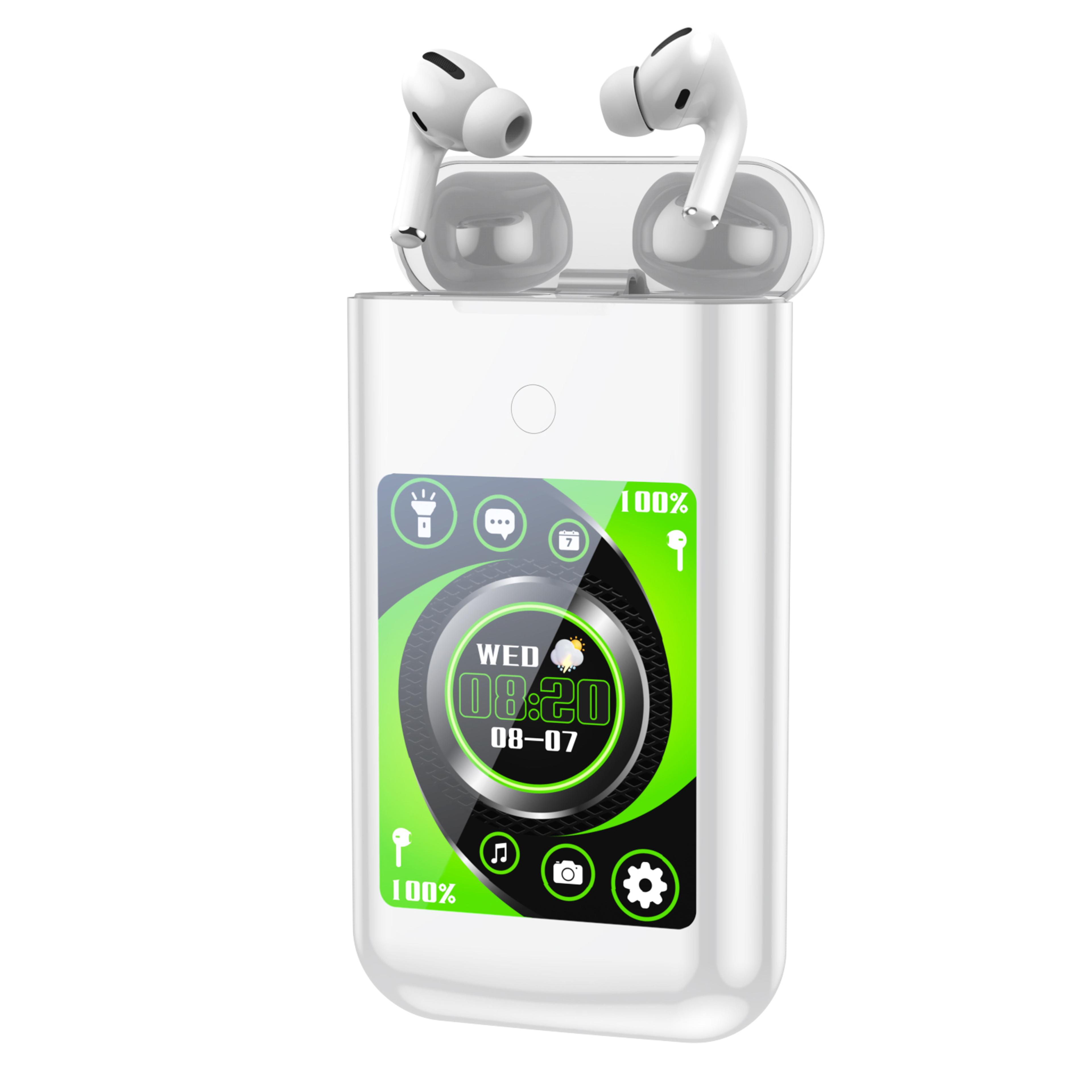 wireless earphone charging case with 2.8" touch screen power bank, multiple function bluetooth headphone for music