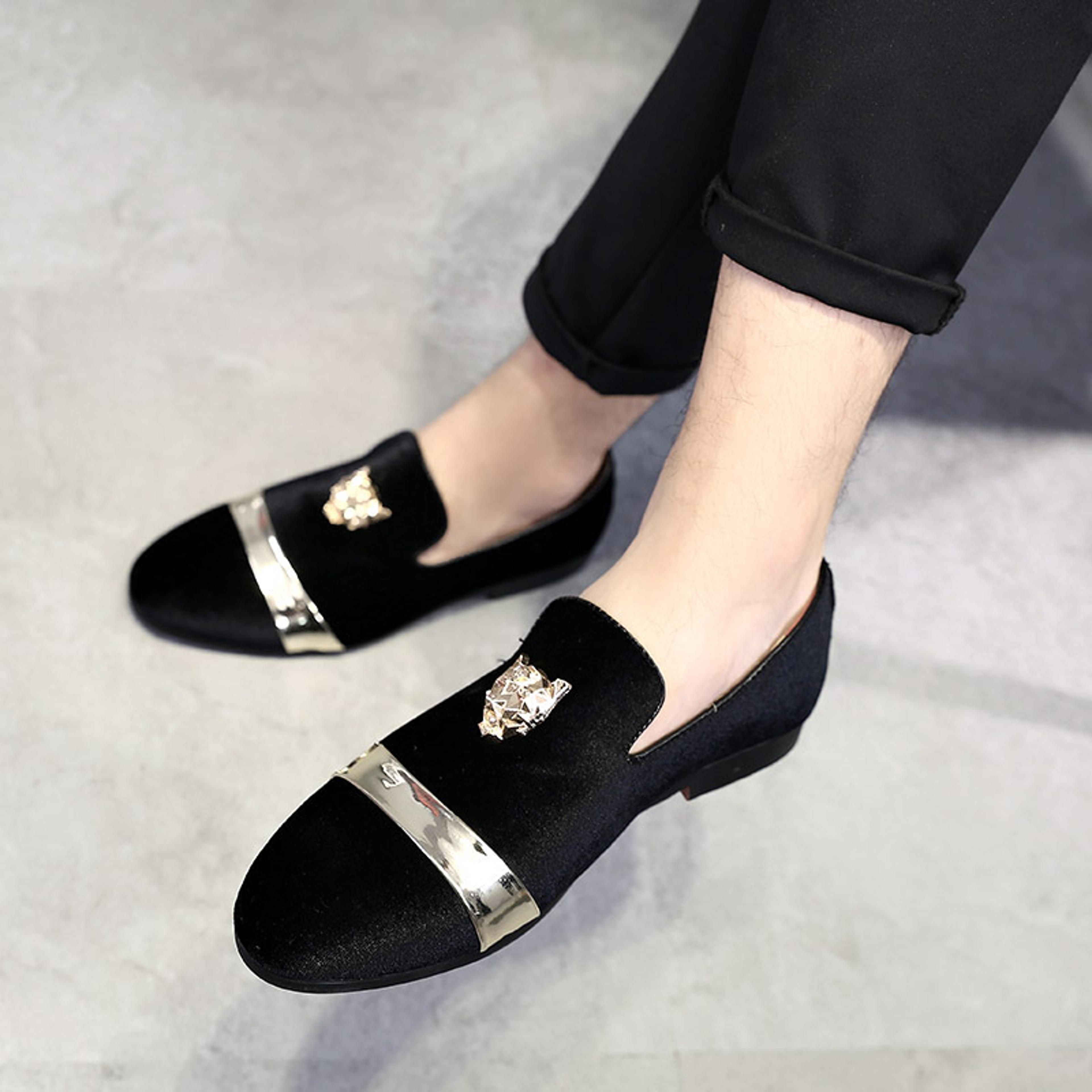 fashion quality tiger gold metal men dress shoes new men wedding loafers velvet shoes