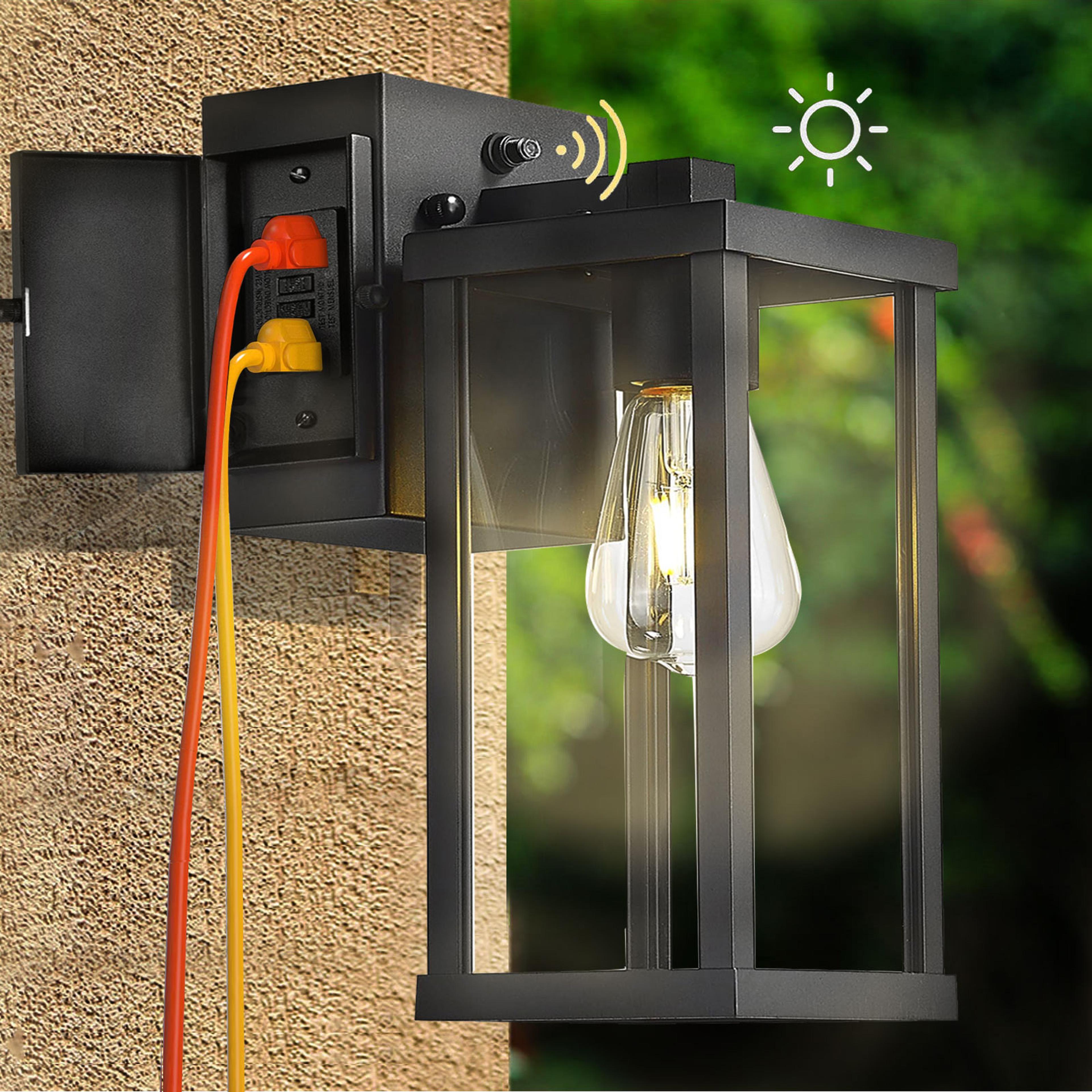 outdoor porch light with outlet, dusk to dawn wall mount exterior lighting for house, patio & garage