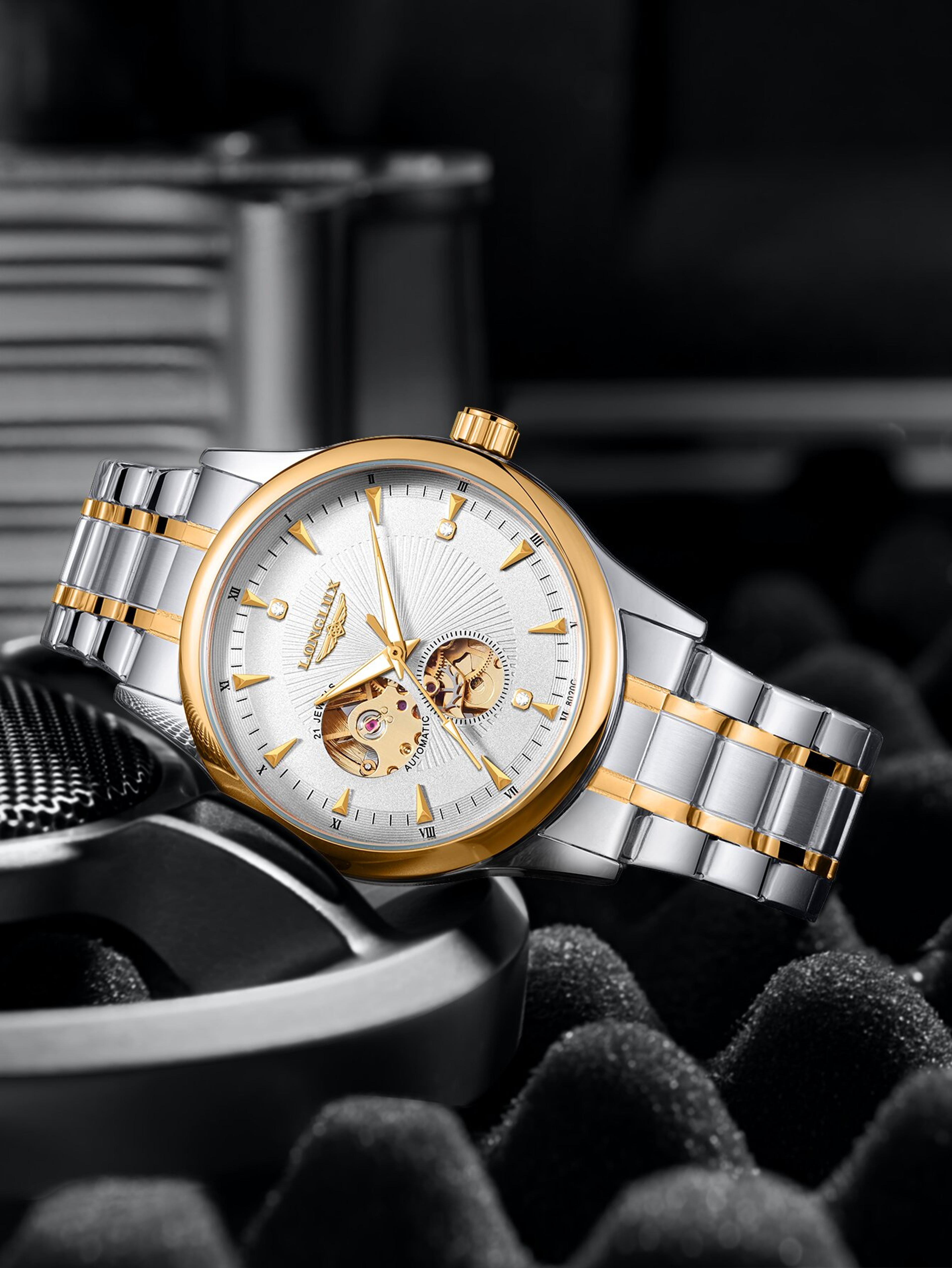 elegant luxury watches for men, waterproof skeleton automatic mechanical stainless steel business gift watch