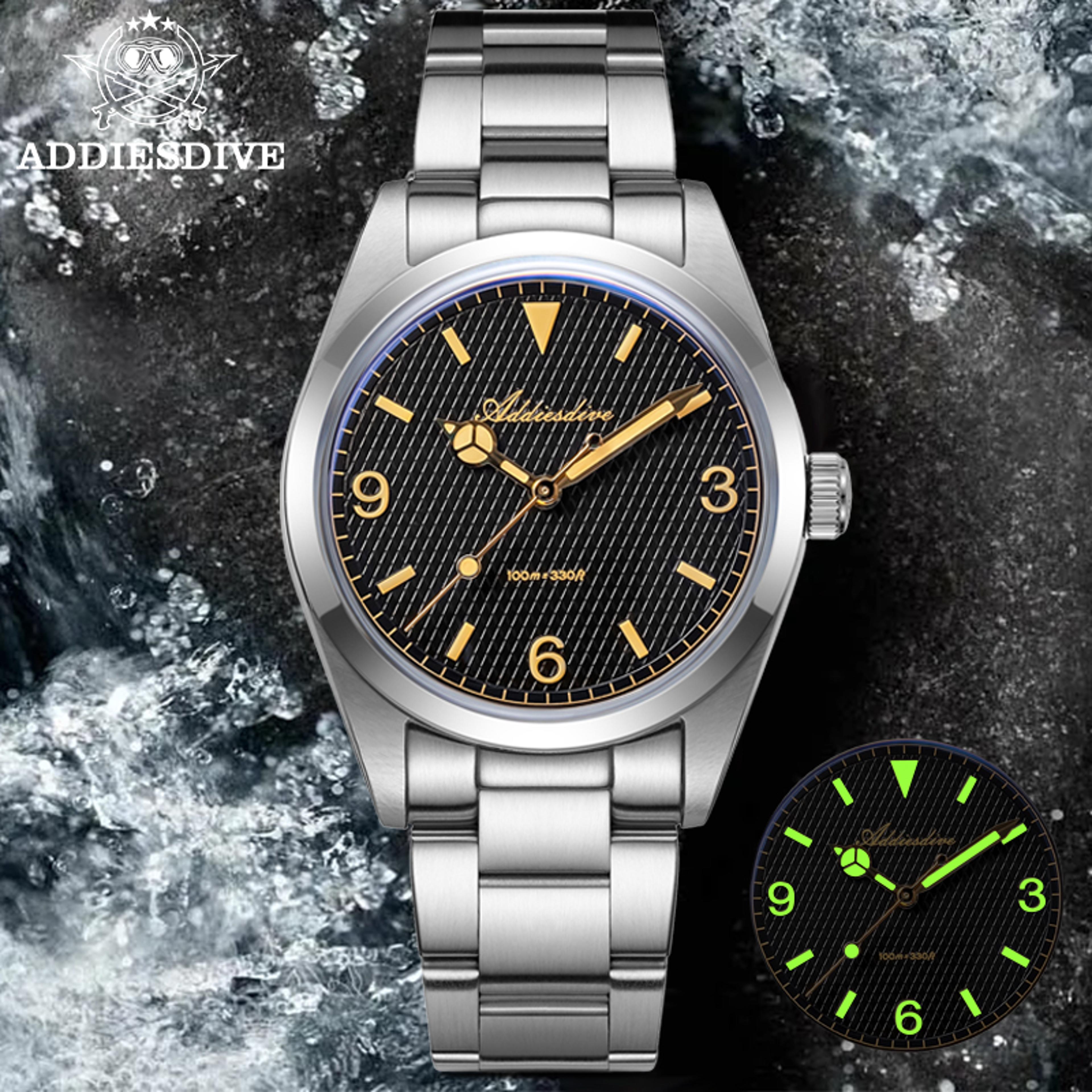 luminous men's quartz watches, new analog watch with bubble mirror glass, stainless steel bracelet