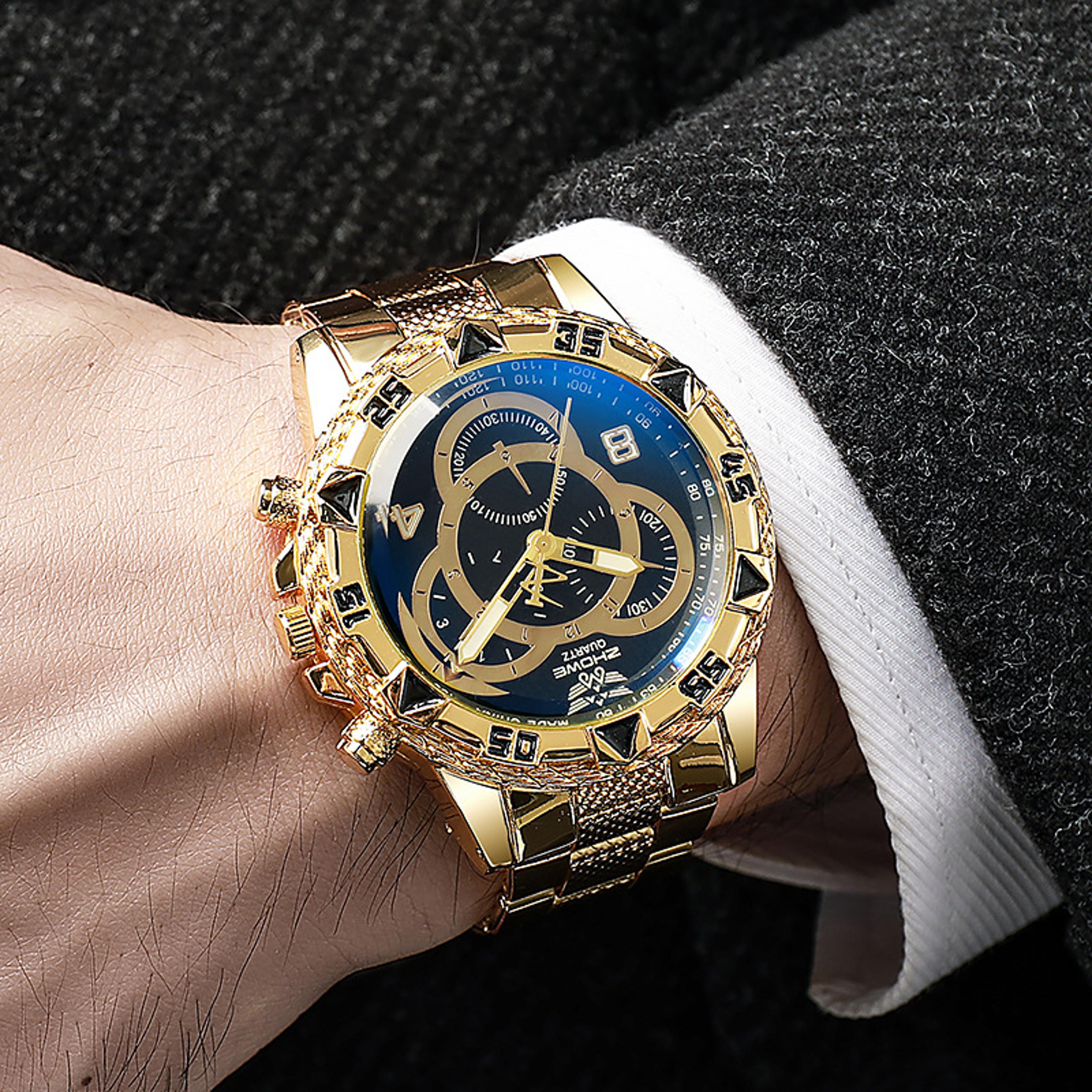 classic business men wristwatch, luxury men's quartz watch, large dial alloy steel strip, three eye blue light watch