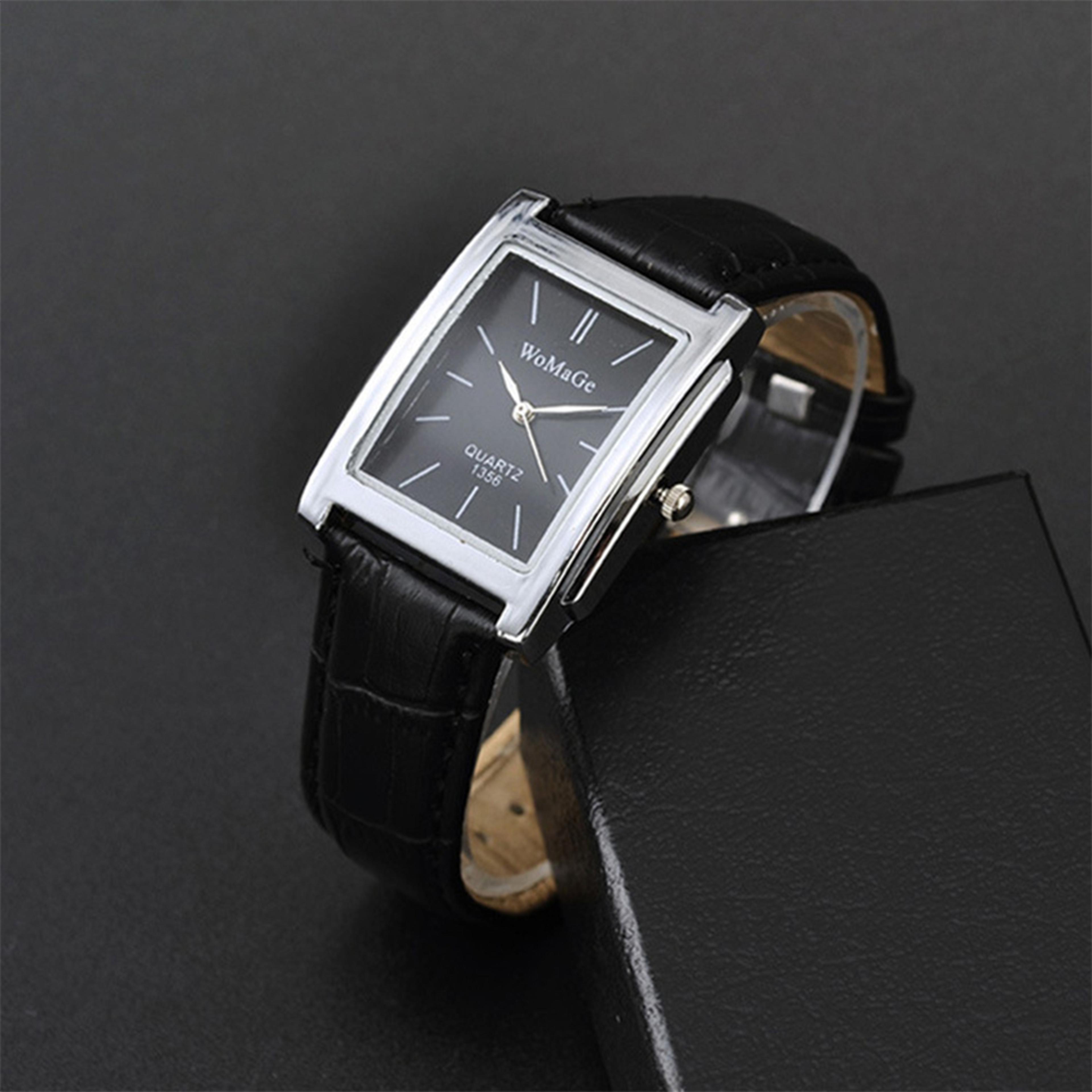 luxury quartz clock, men square watch, black white case, leather band for women and men