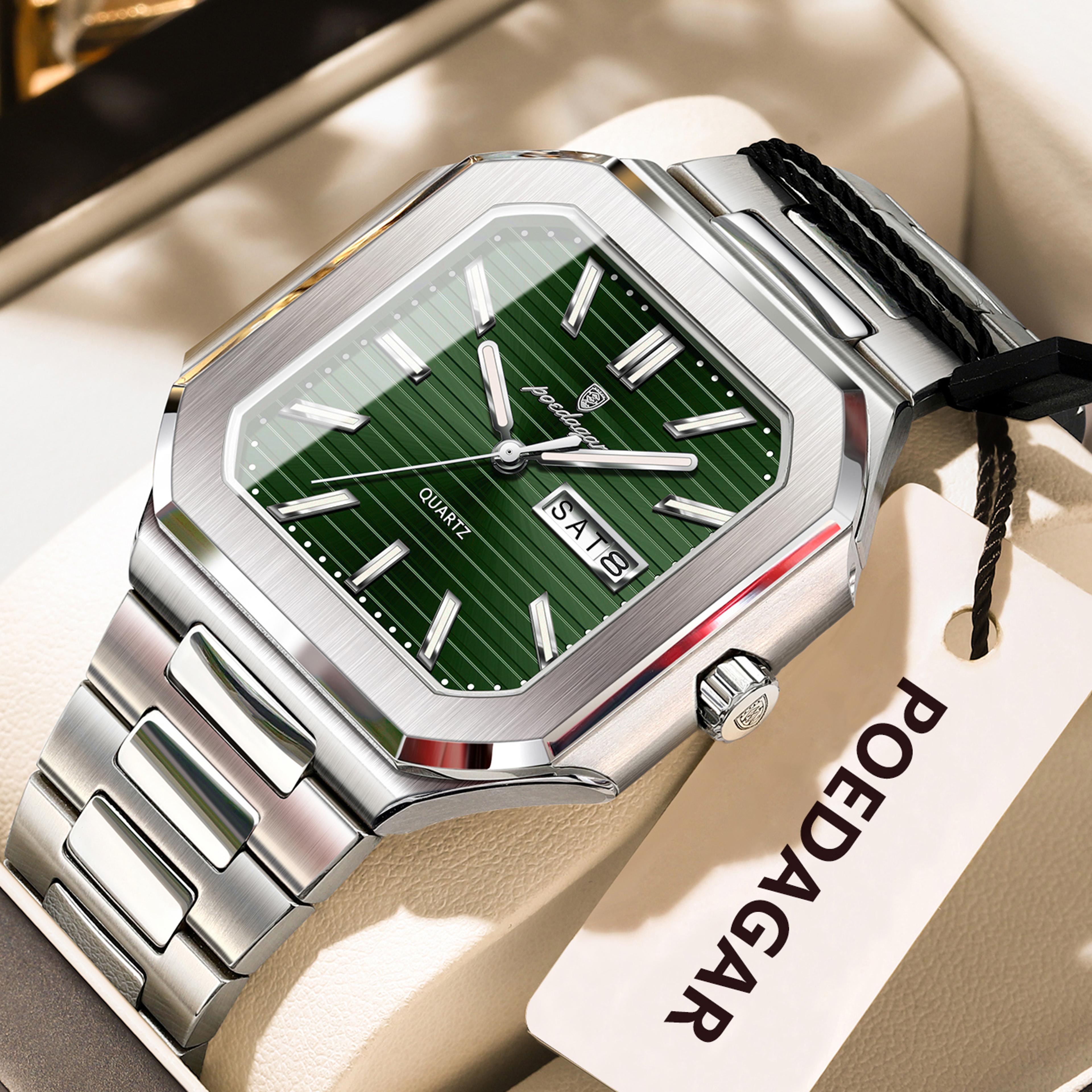 stainless steel luxury square male watch, waterproof luminous date week quartz watches for men, fashion men clock
