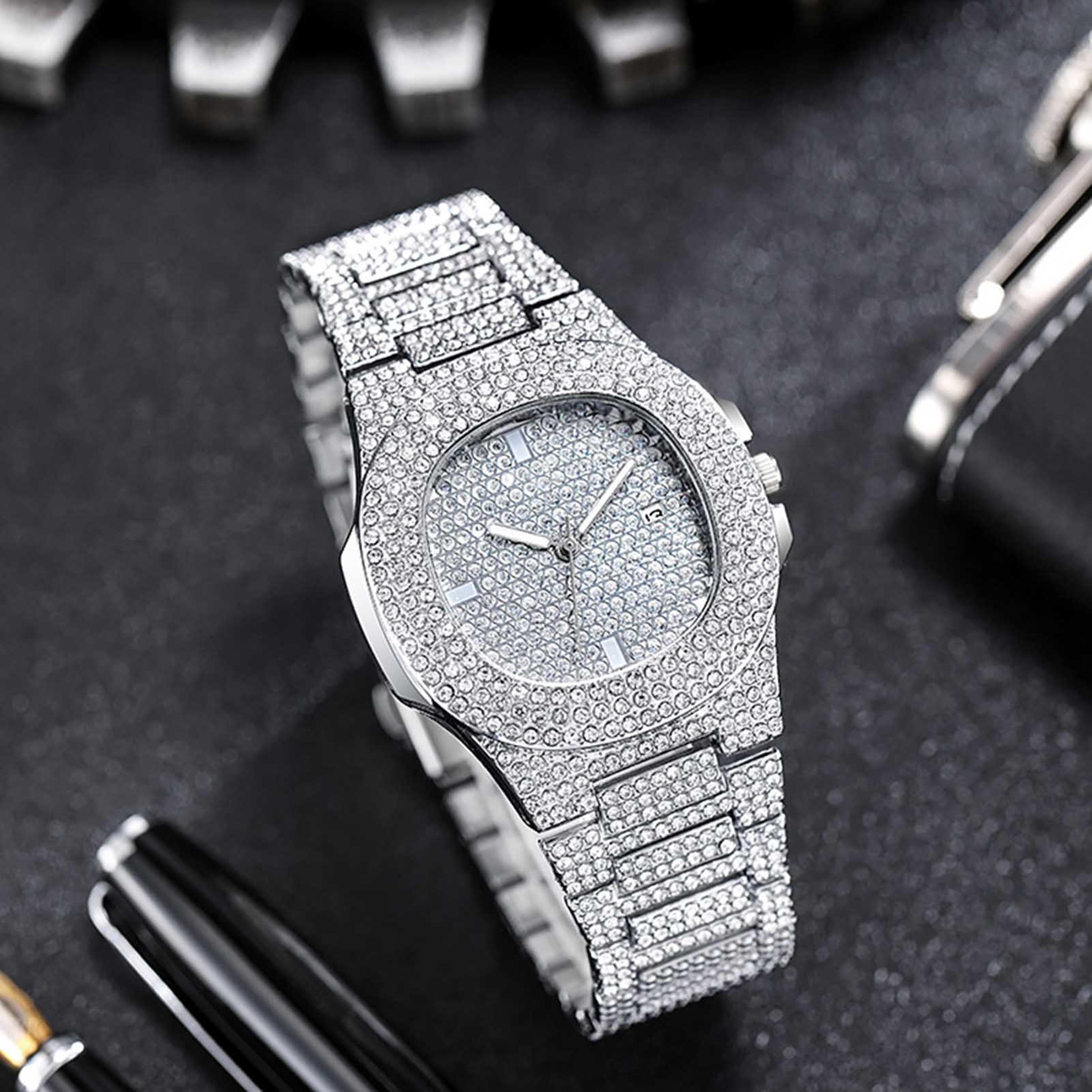 luxurious hiphop full diamond square quartz watch, rhinestone studded dial for men and women
