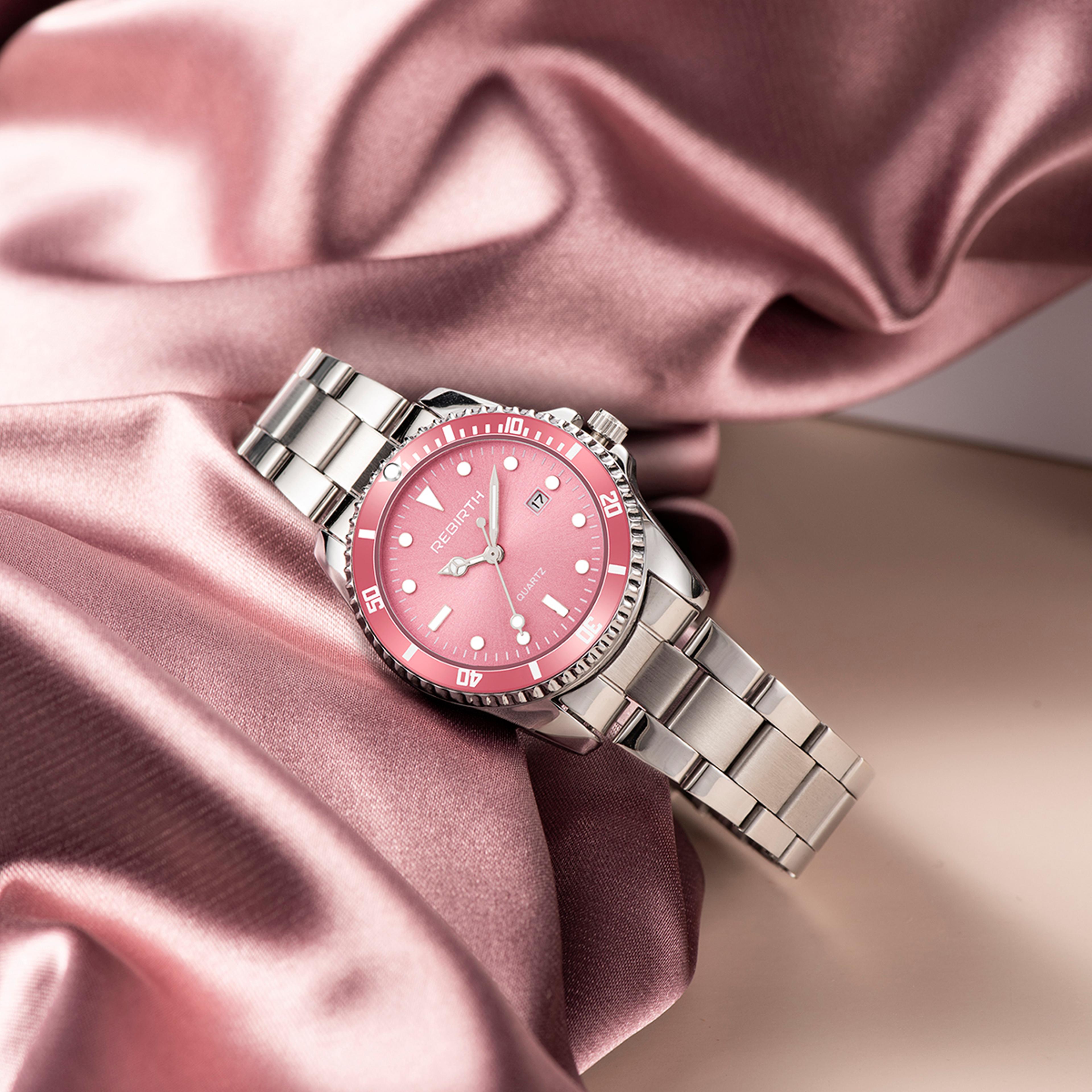 elegant business classic date quartz watch for ladies with stainless steel strap