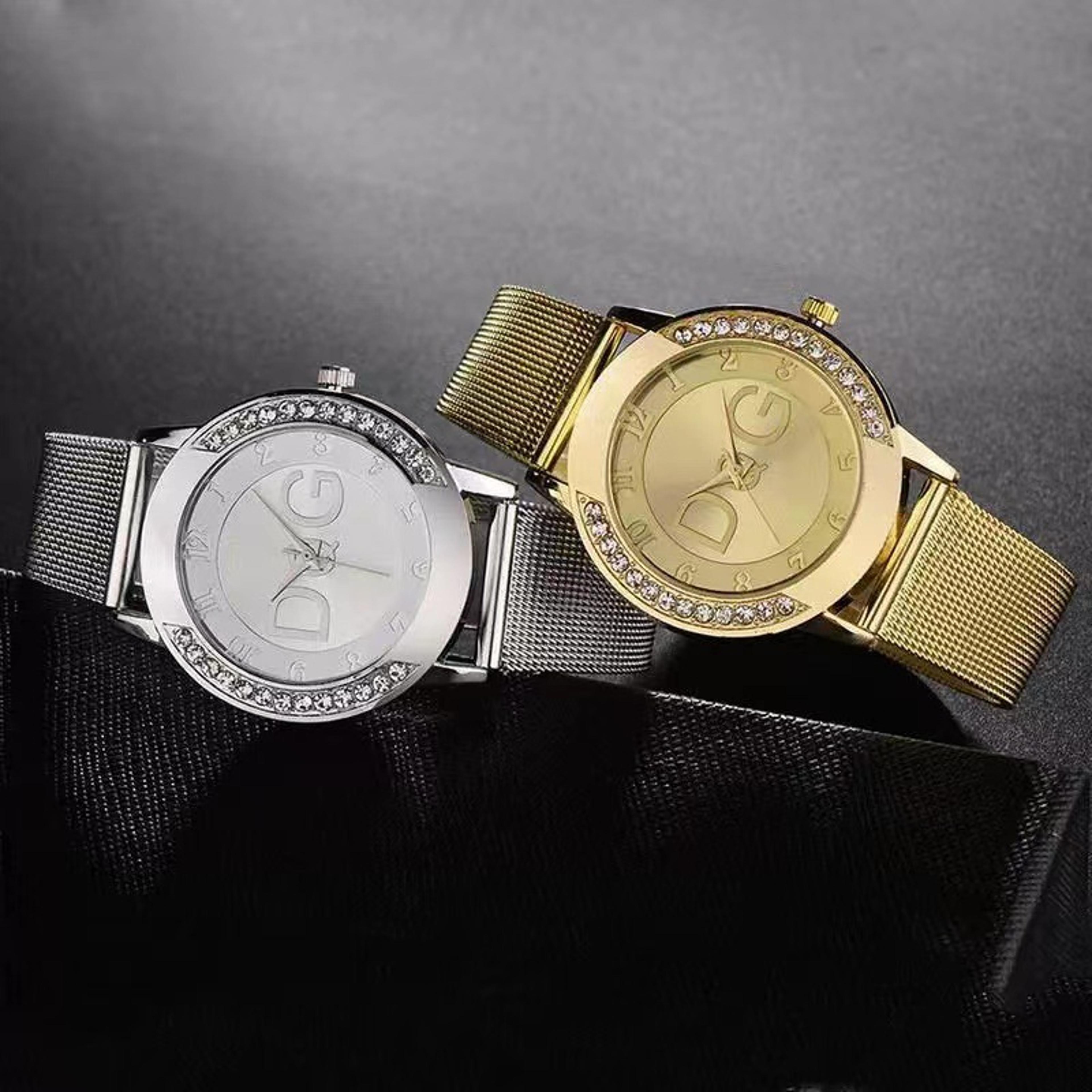 stunning ladies watch with double diamond ring, sand diamond surface, steel mesh strap
