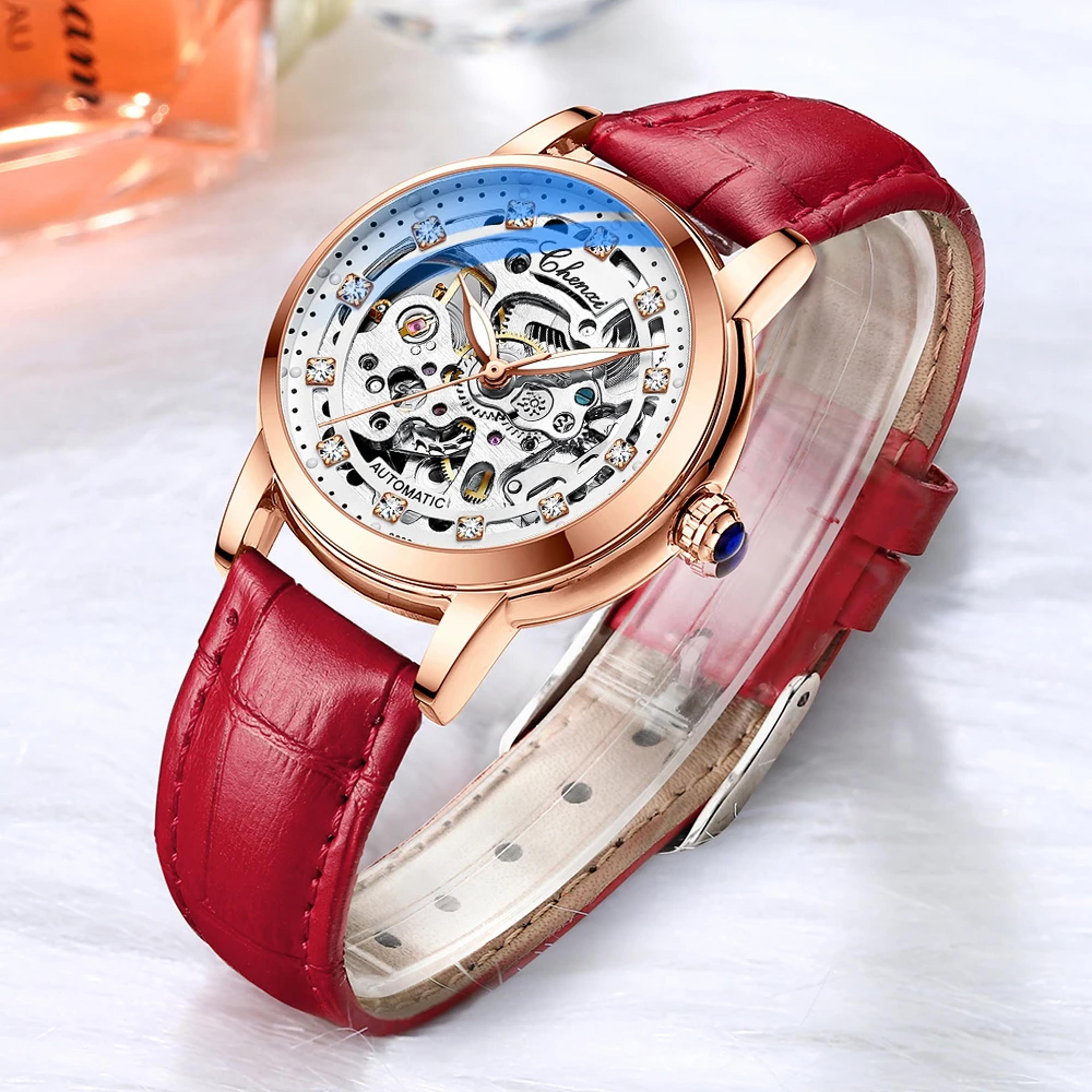 luxury women automatic mechanical watch, waterproof stainless steel, ladies skeleton wrist watch