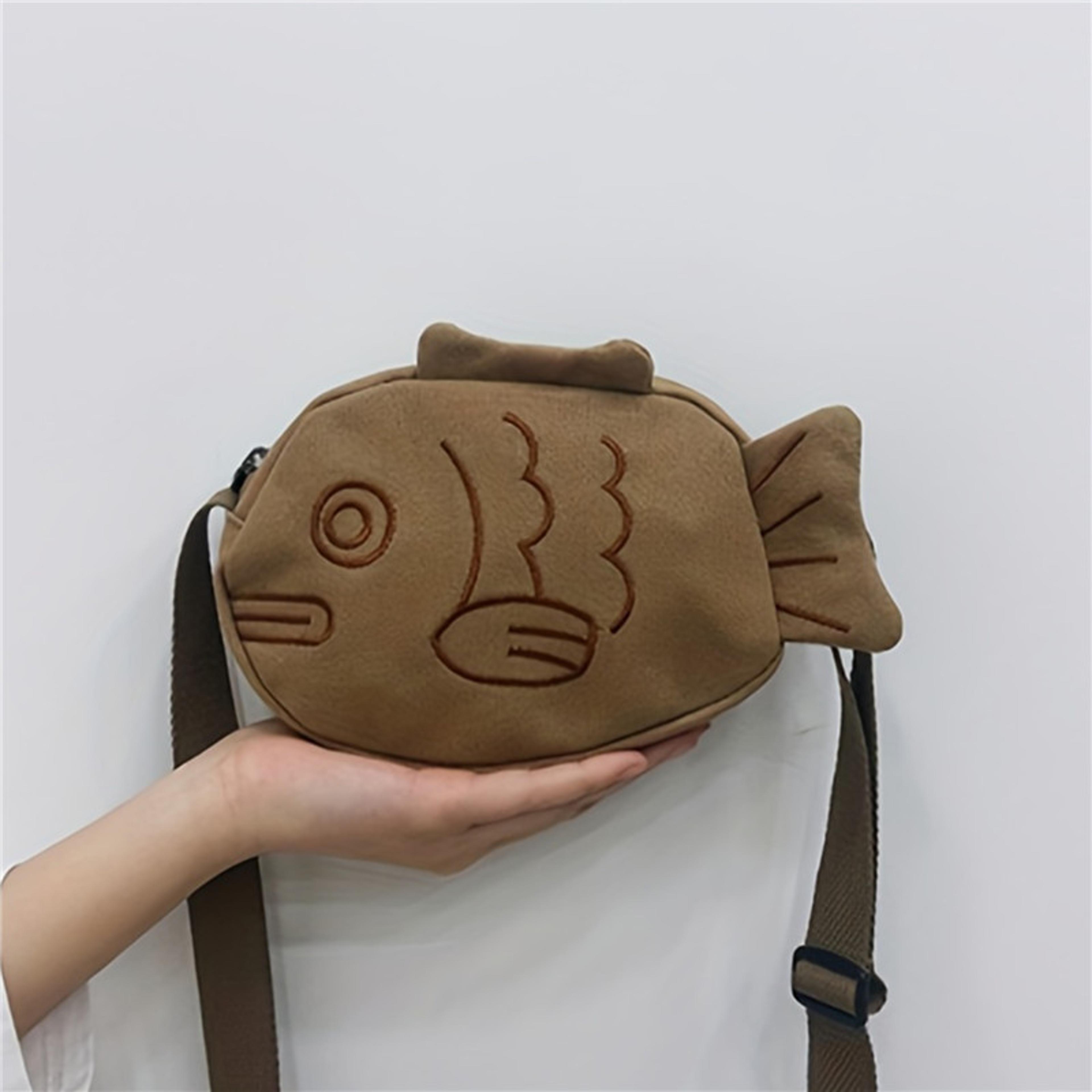 fashionable fish shape canvas messenger bag, mini crossbody, cute embroidery zippered purses