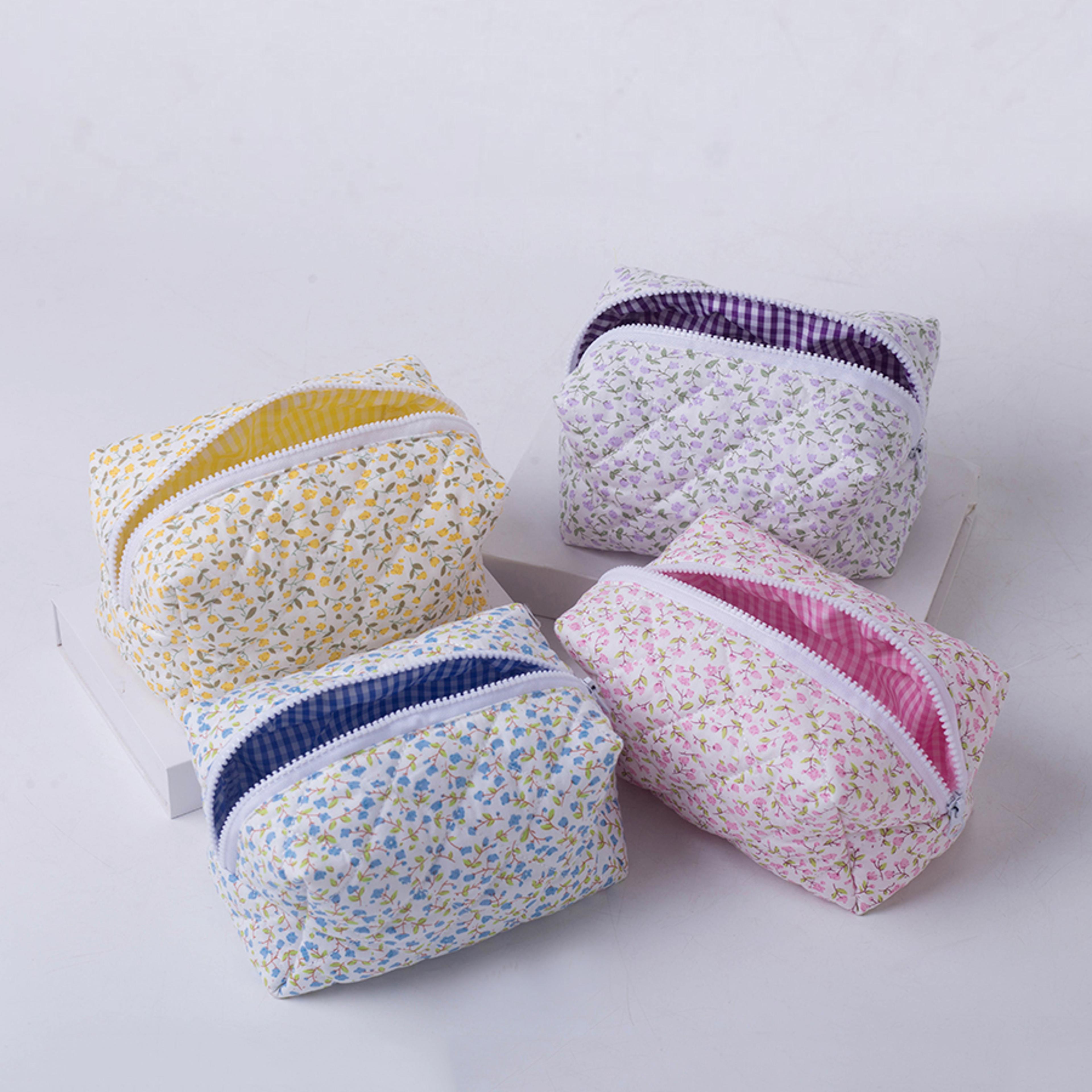 large travel cosmetic bag, floral printed makeup organizer, puffy quilted storage pouch for accessories