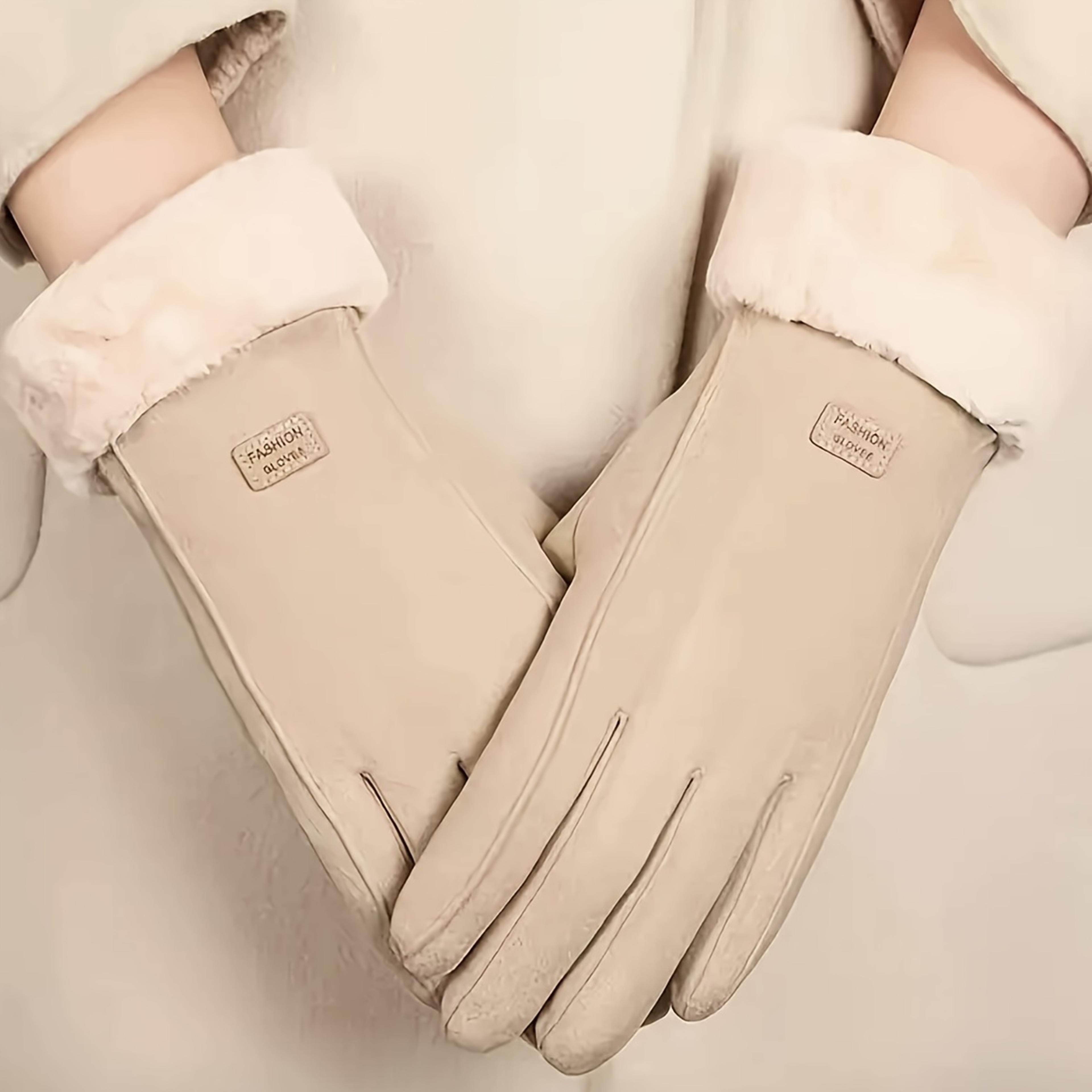 plush lining touchscreen gloves, comfortable beige, thick and warm winter protection for outdoor leisure activities