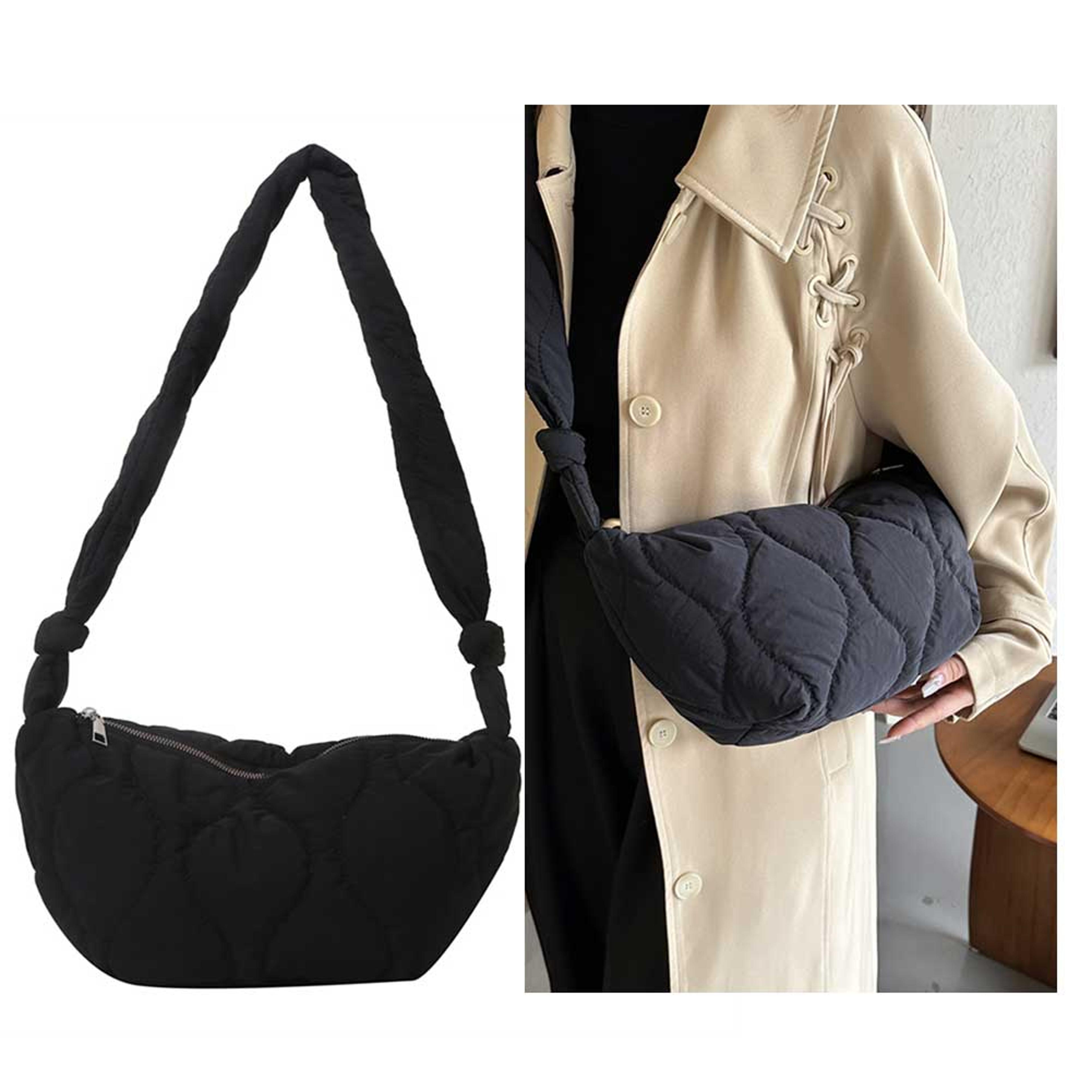 soft pillow shopper bag, female puffer shoulder bag, padded tote handbag, ruched messenger bag, winter checkered design
