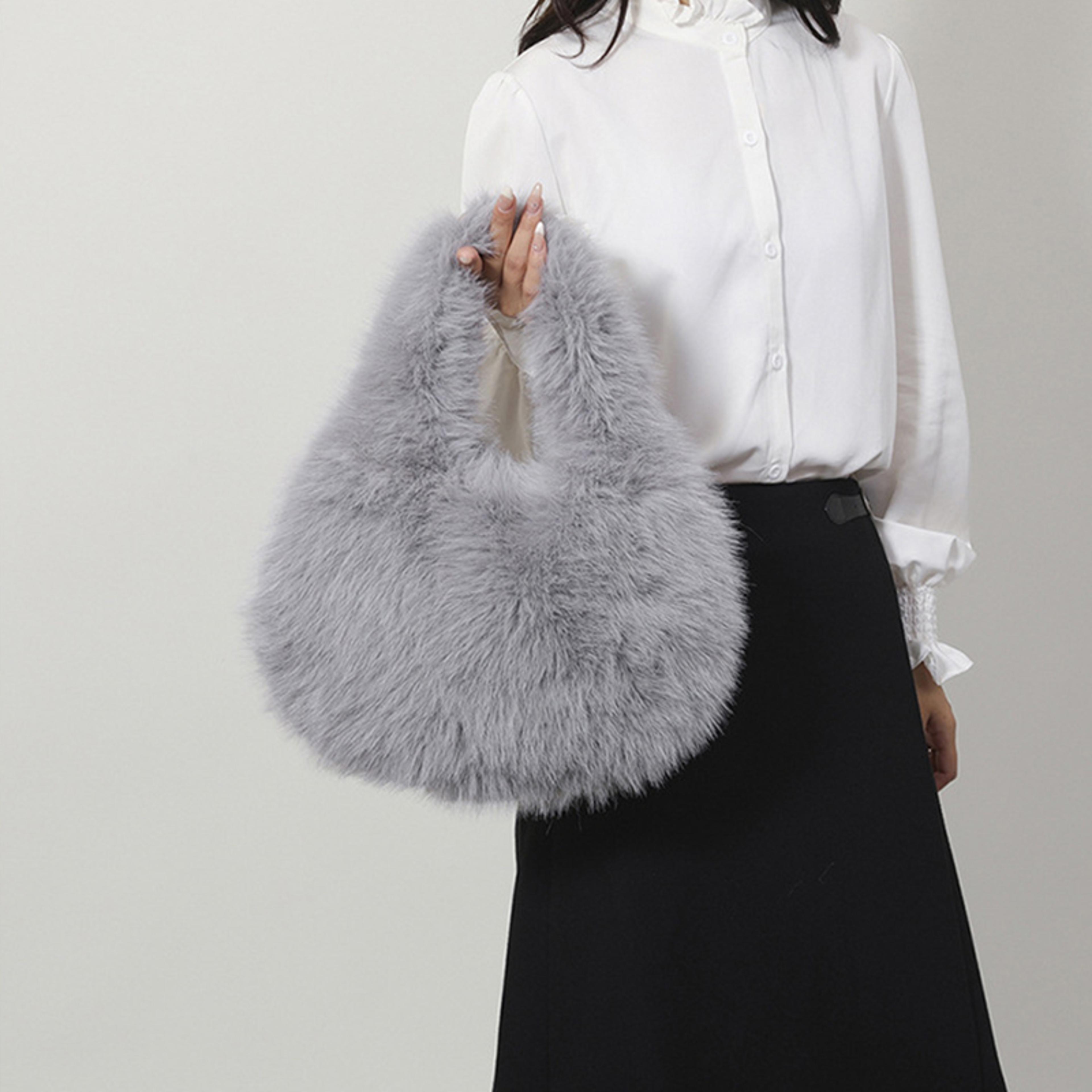 designer furry purse and handbags, small hobo handle bags for women shoulder bags, fashionable cute female plush bag
