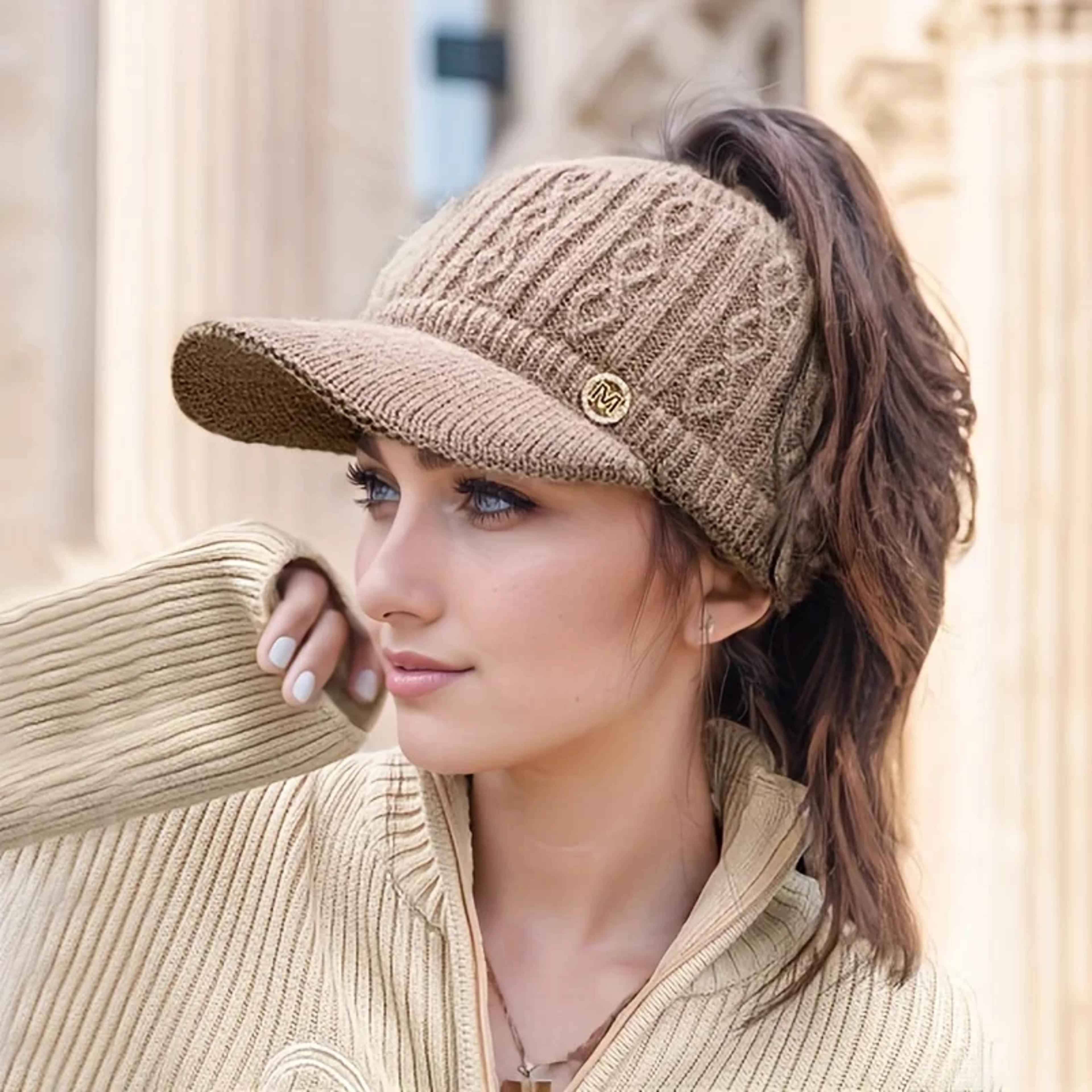 autumn and winter elastic baseball cap, thick lined knitted sun hat for women, ear protection