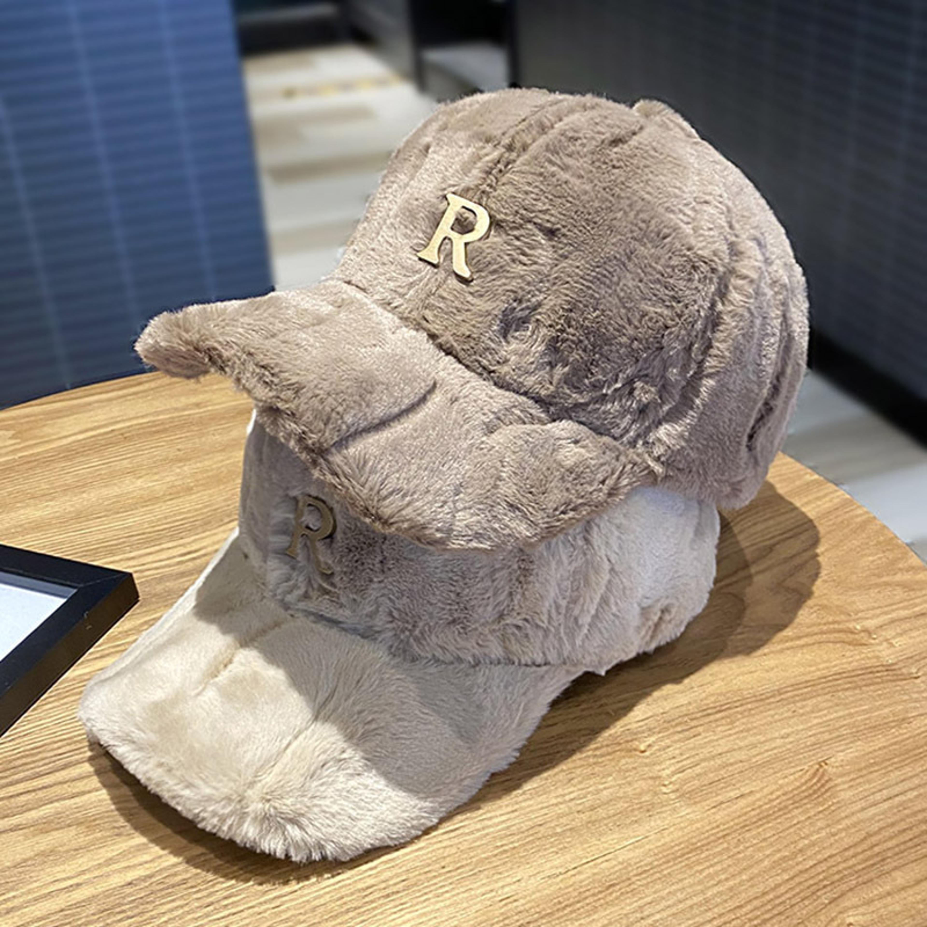 faux thickened warm plush autumn winter baseball cap hats for women, metal letter snapback fashion accessories
