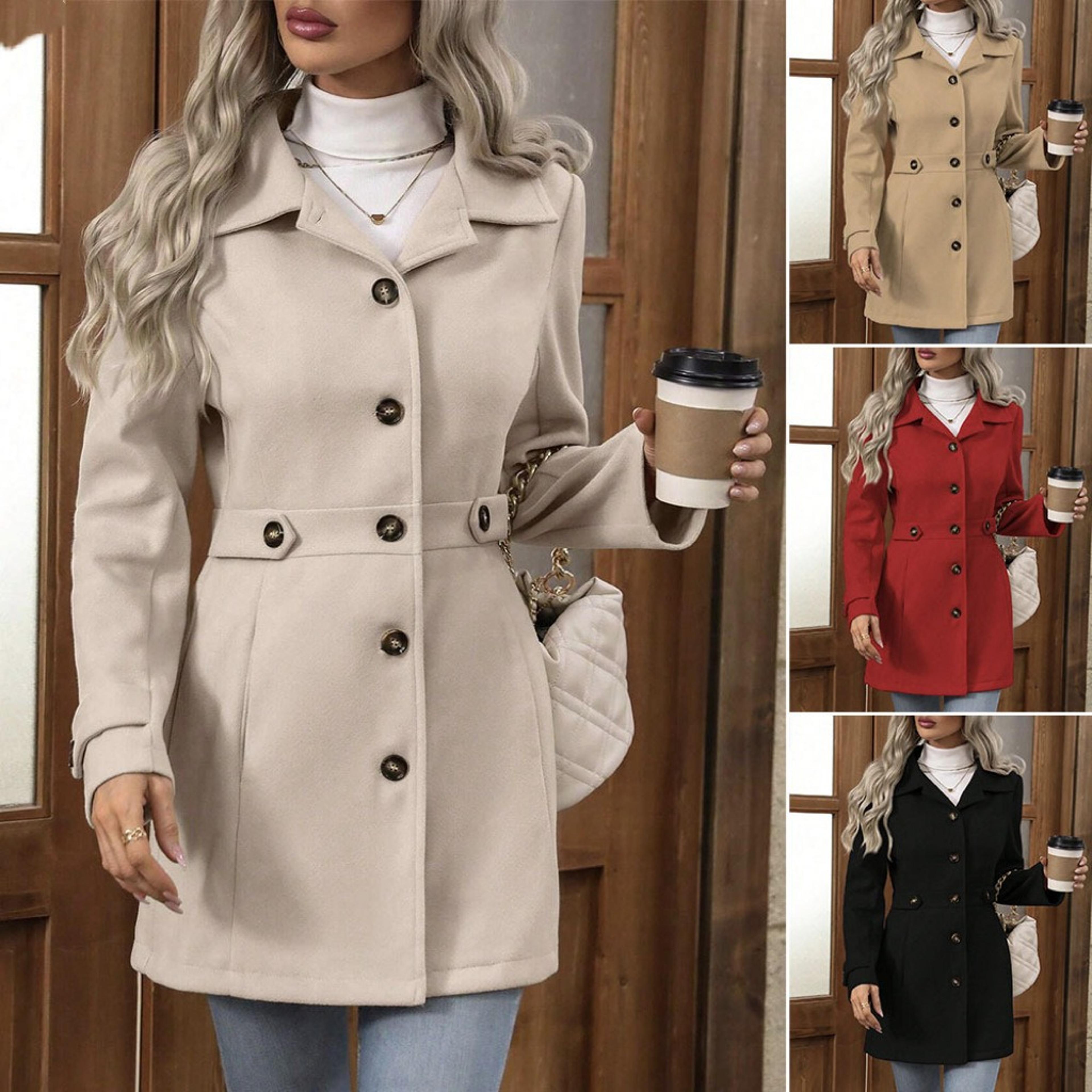 loose-fit mid-length wool blazer with notched lapel for women