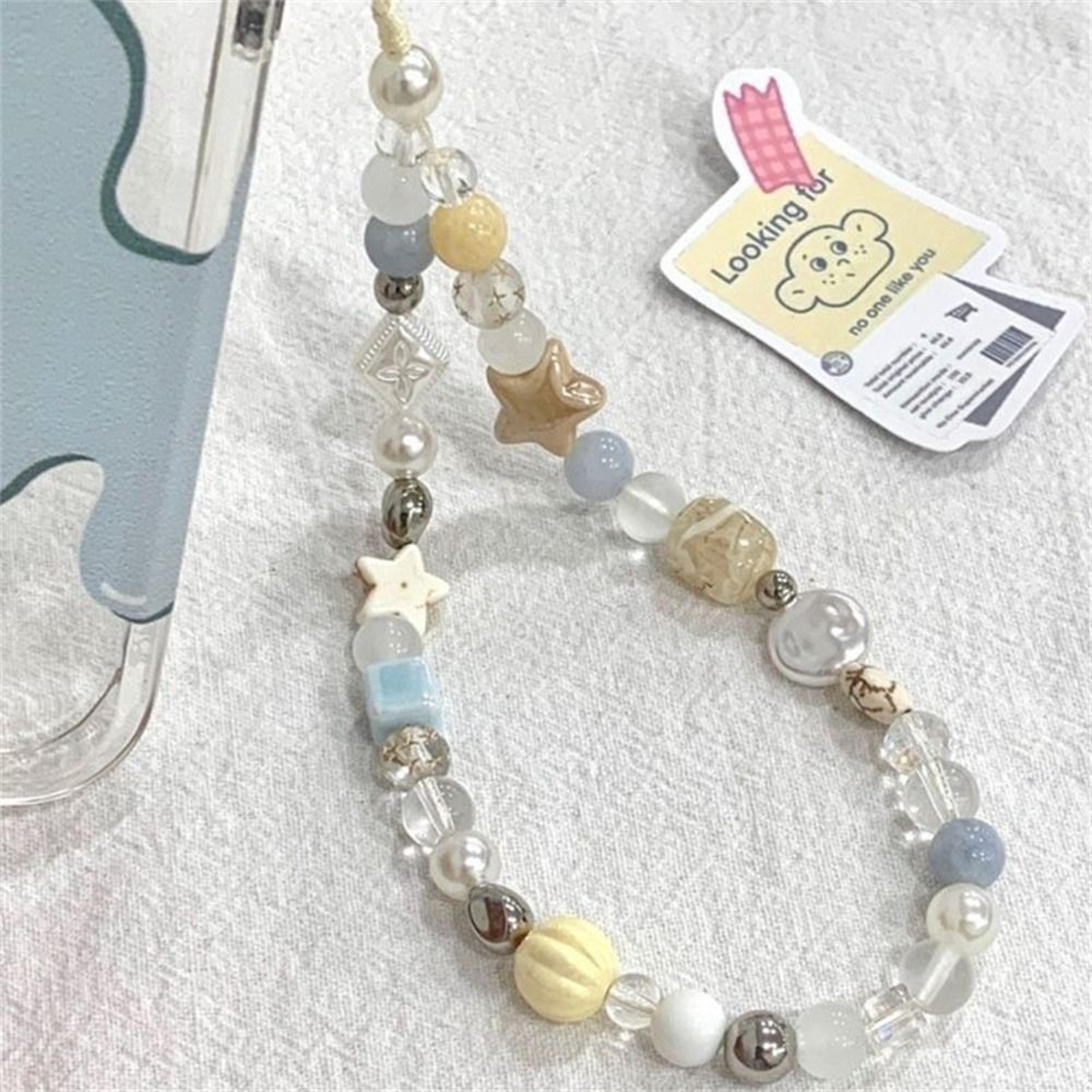 handmade mobile lanyard jewelry gift, star pearl beaded phone chain hanging cord, summer phone charms strap