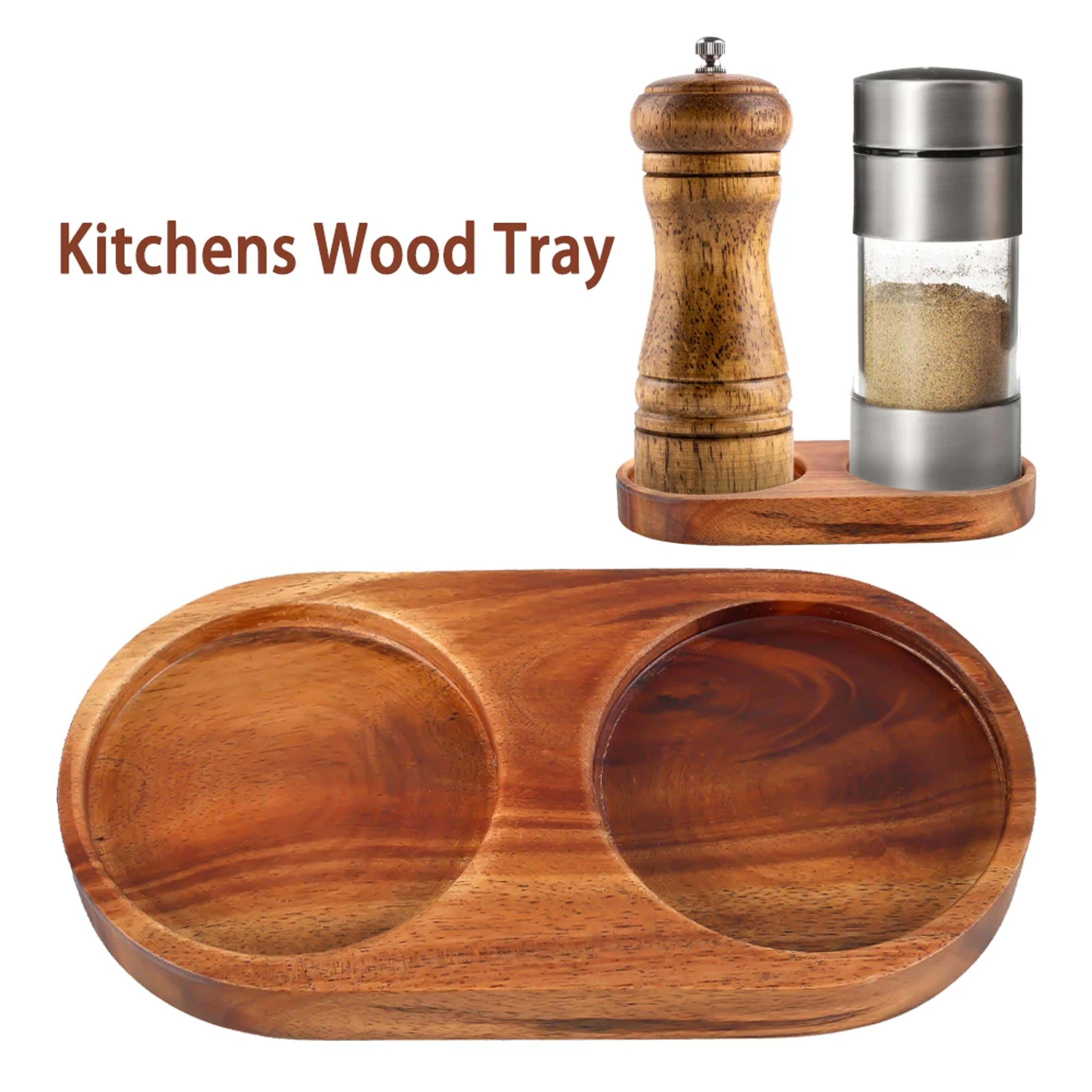 salt and pepper mill tray, kitchen storage holder, multipurpose wood tray bracket, salt grinder base accessories