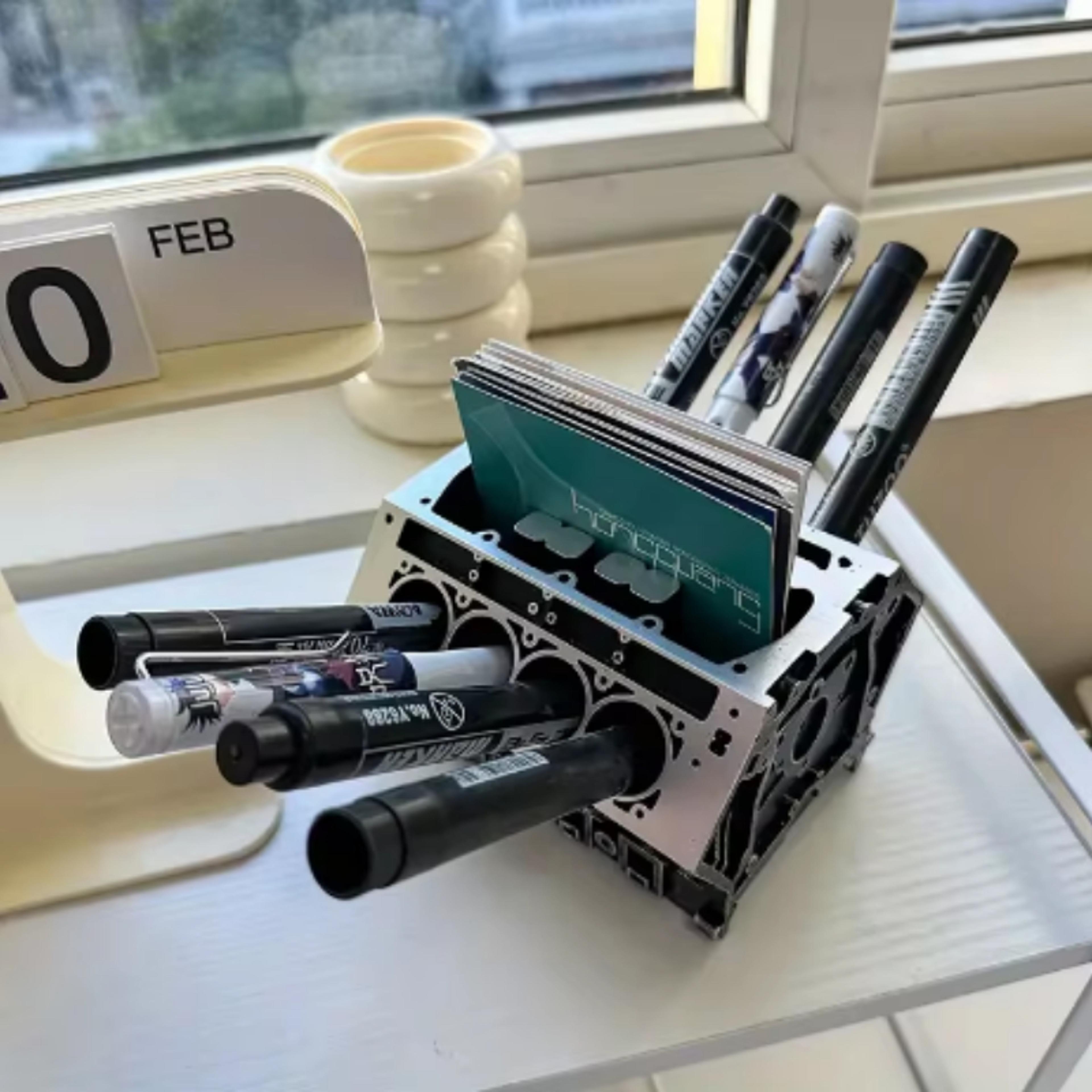 business card pen holder, creative engine block desk organizer, resin construction gift for car lovers