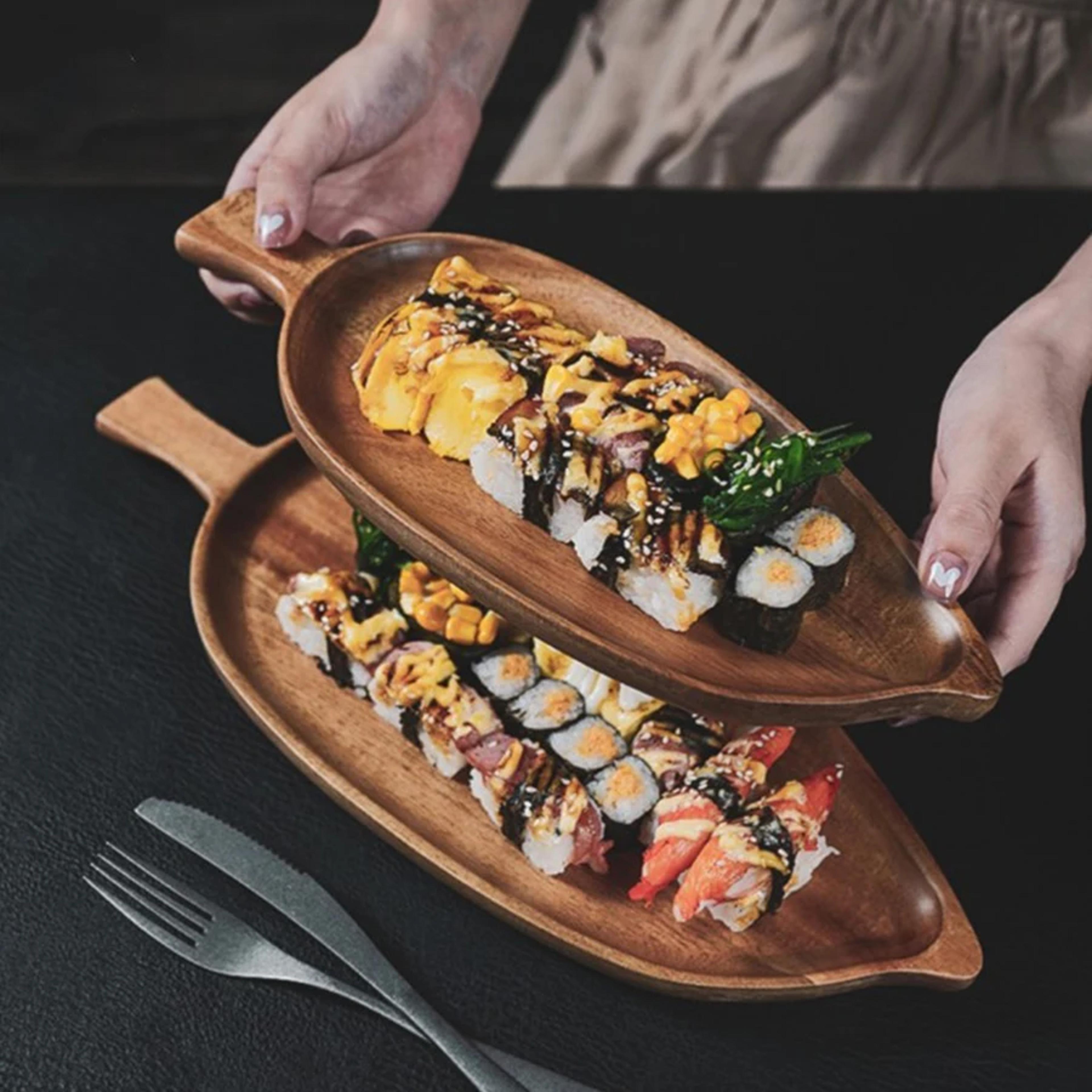 waterproof wooden tray, solid wood leaf shaped afternoon tea tray for steak sushi