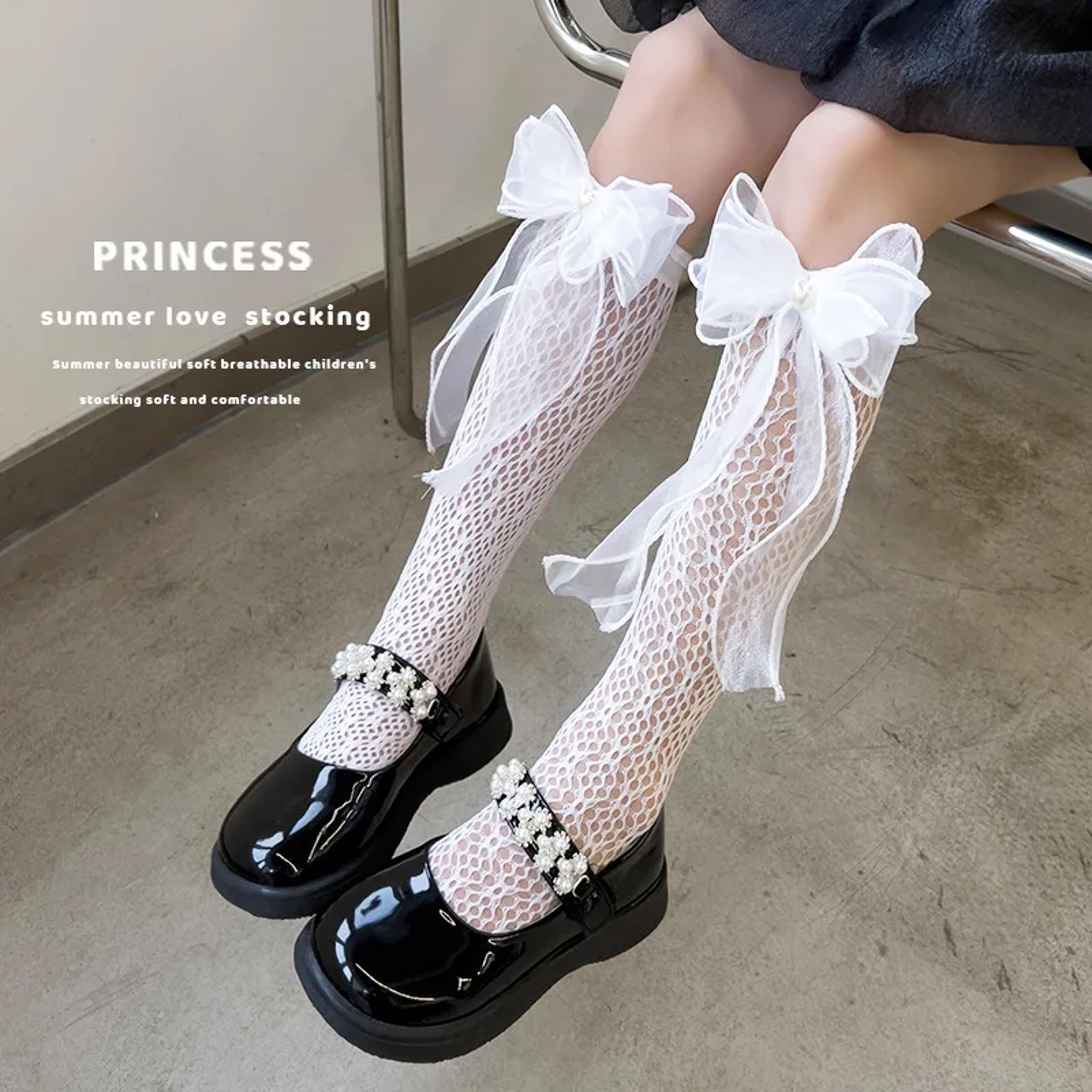 four season girls' bow calf socks, breathable mesh high tube socks, lolita japanese style