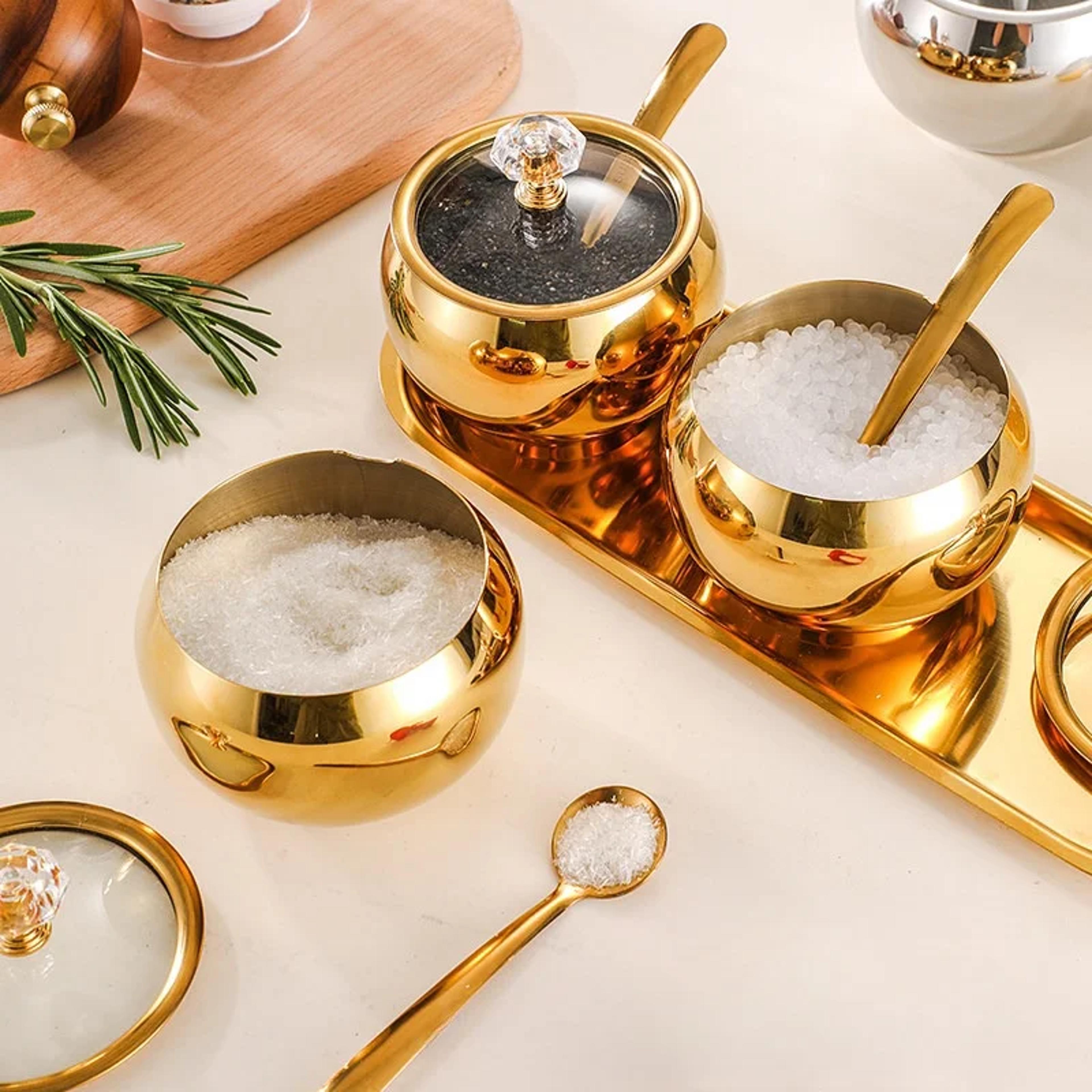 stainless steel sugar bowl with lid & spoon, gold and silver household kitchen condiment pots, spice salt pepper serving