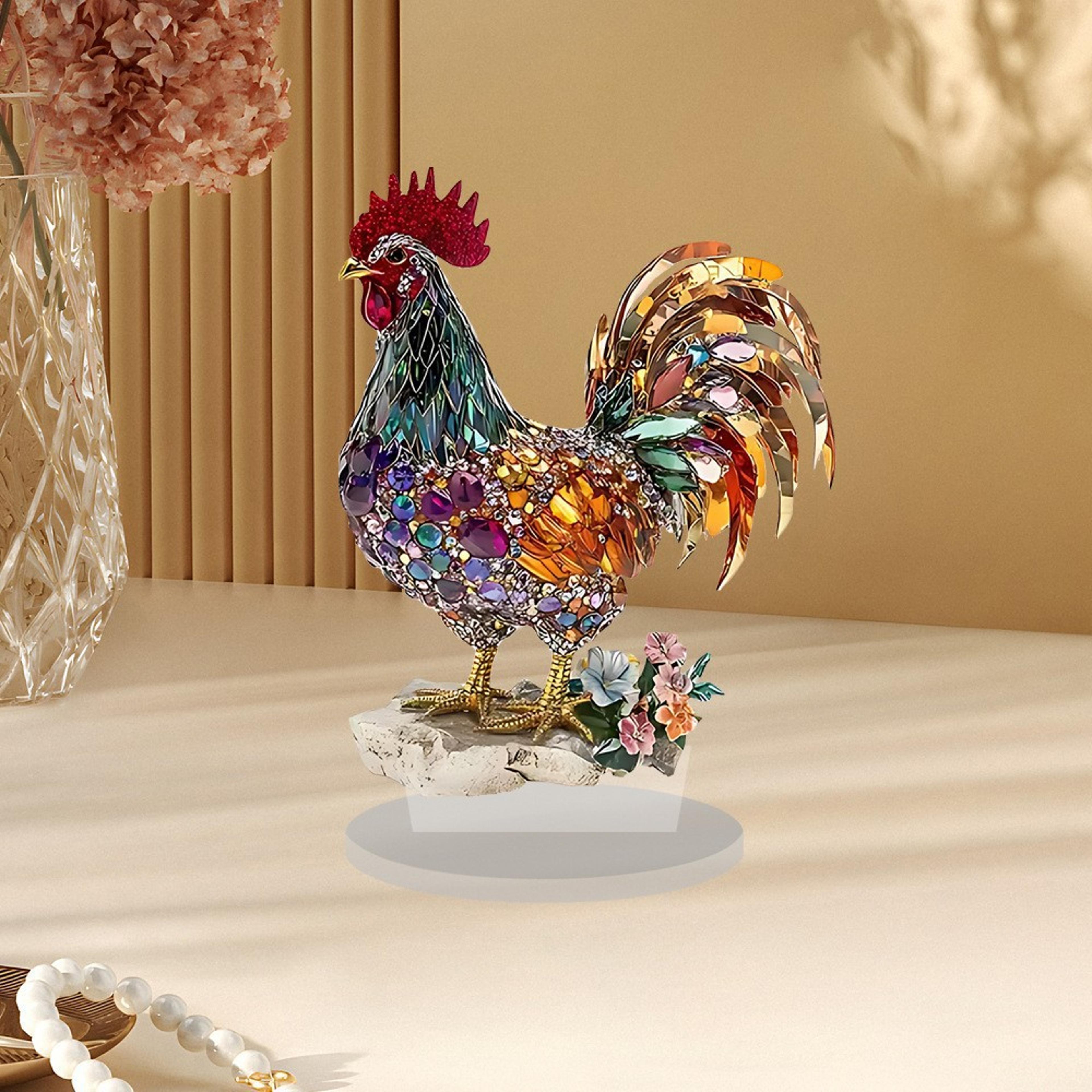 colorful rooster mascot statue, 2d flat acrylic home bookshelf decor, office desktop decoration friend gifts