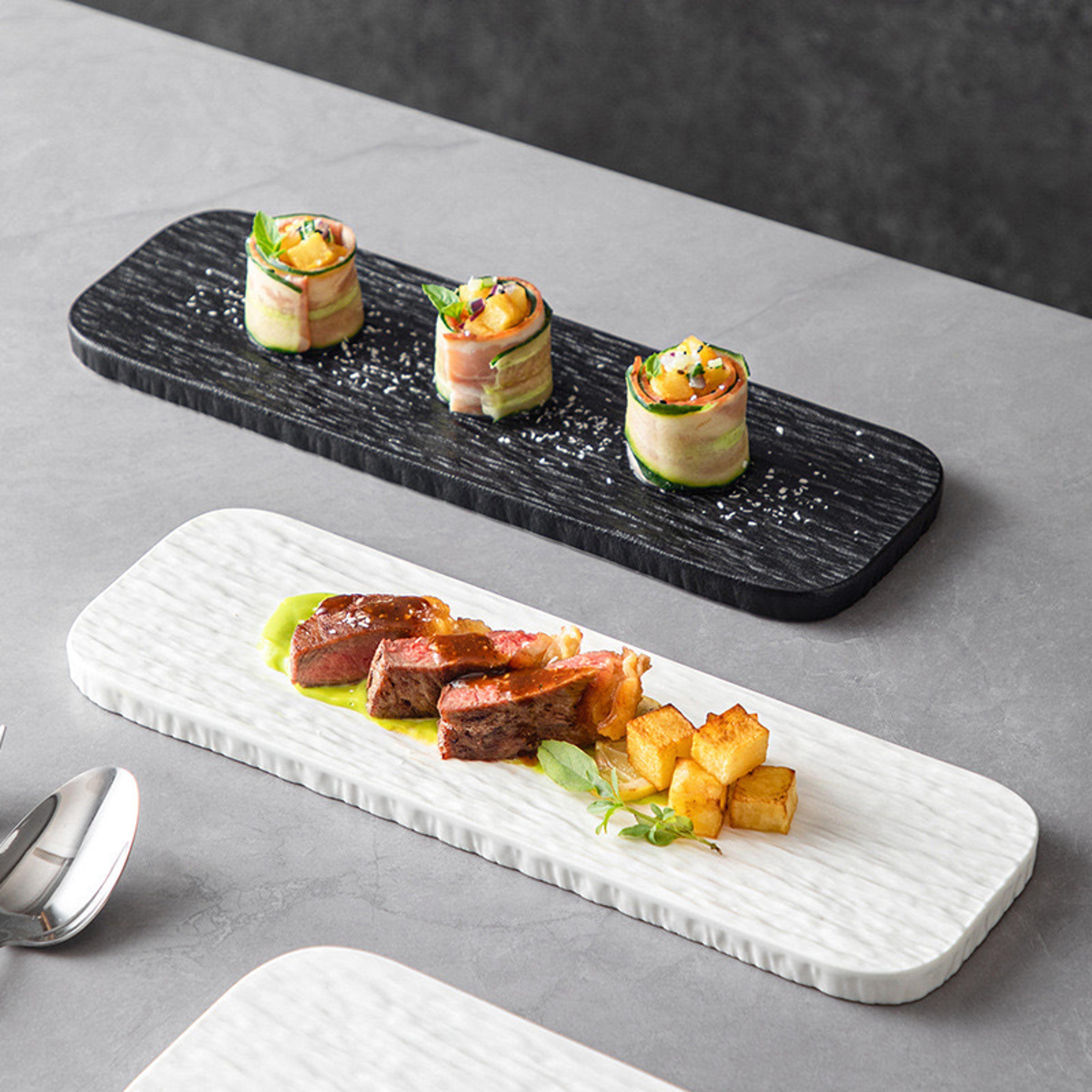 ceramic serving tray for hotel, white and black stone grain rectangle flat, sushi pastry plate for restaurant