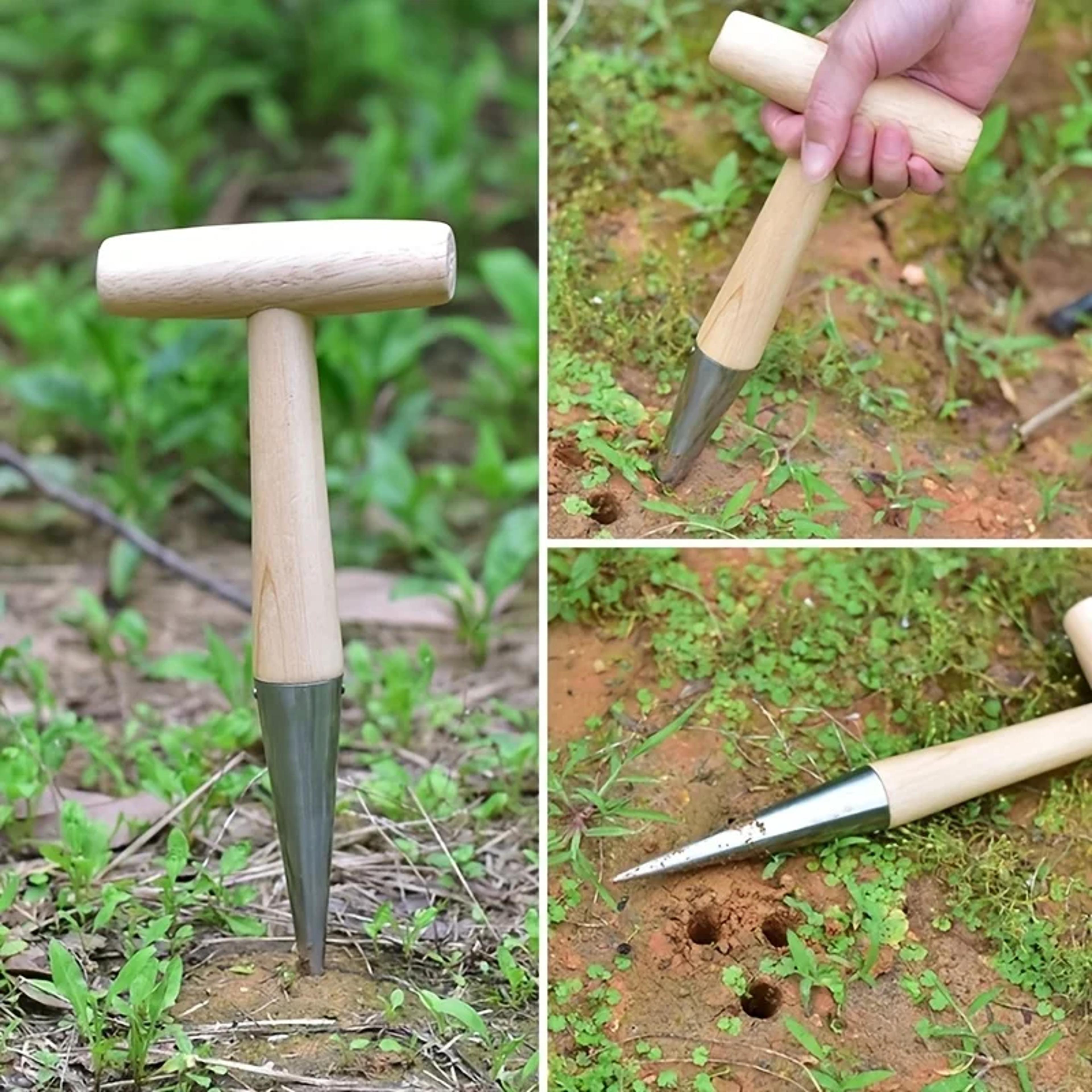 outdoor planting t-type hole puncher seeder, stainless steel loosen soil tool, wood handle dibber for gardens