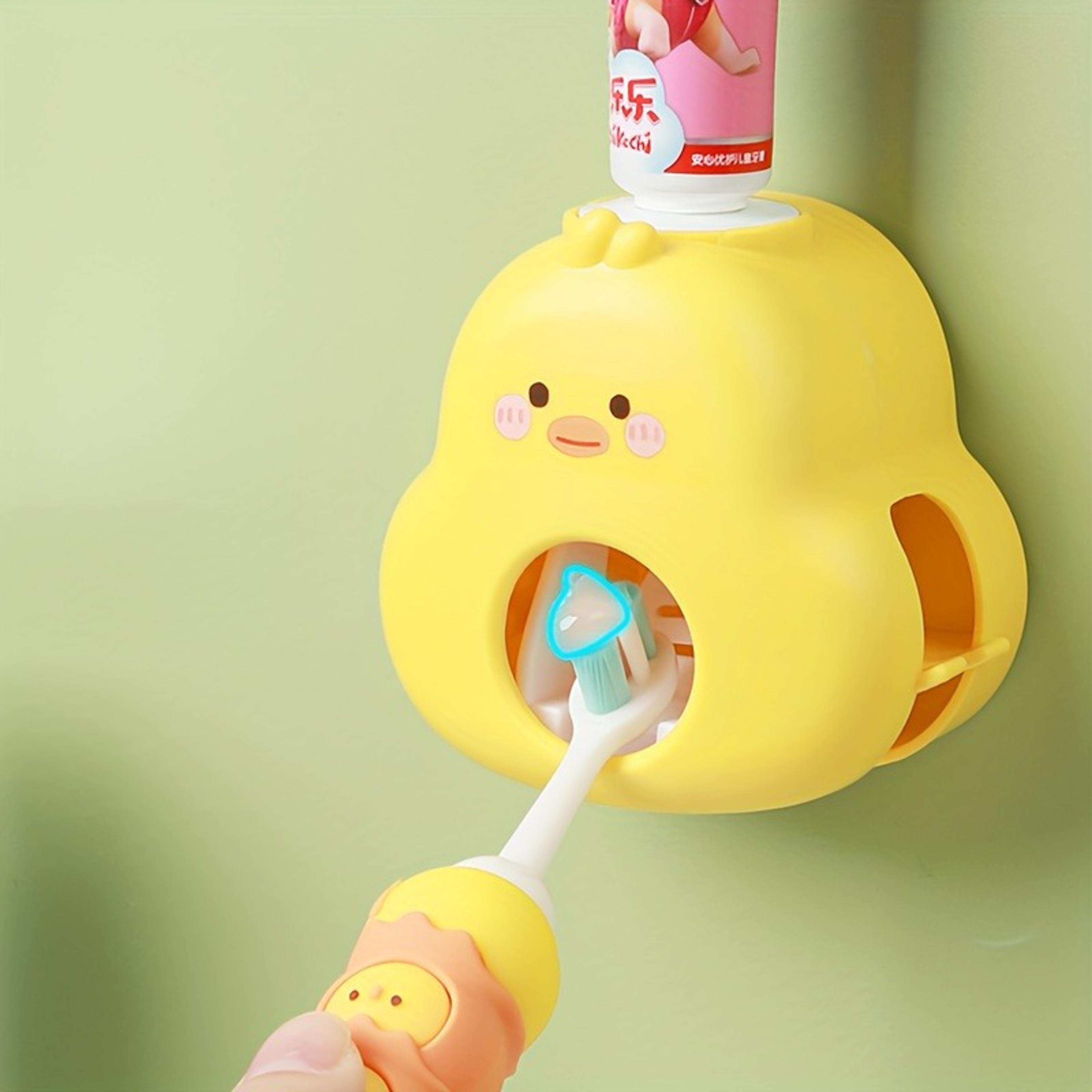 cute yellow duck toothpaste dispenser with toothbrush holder, wall mounted, easy squeeze bathroom accessory