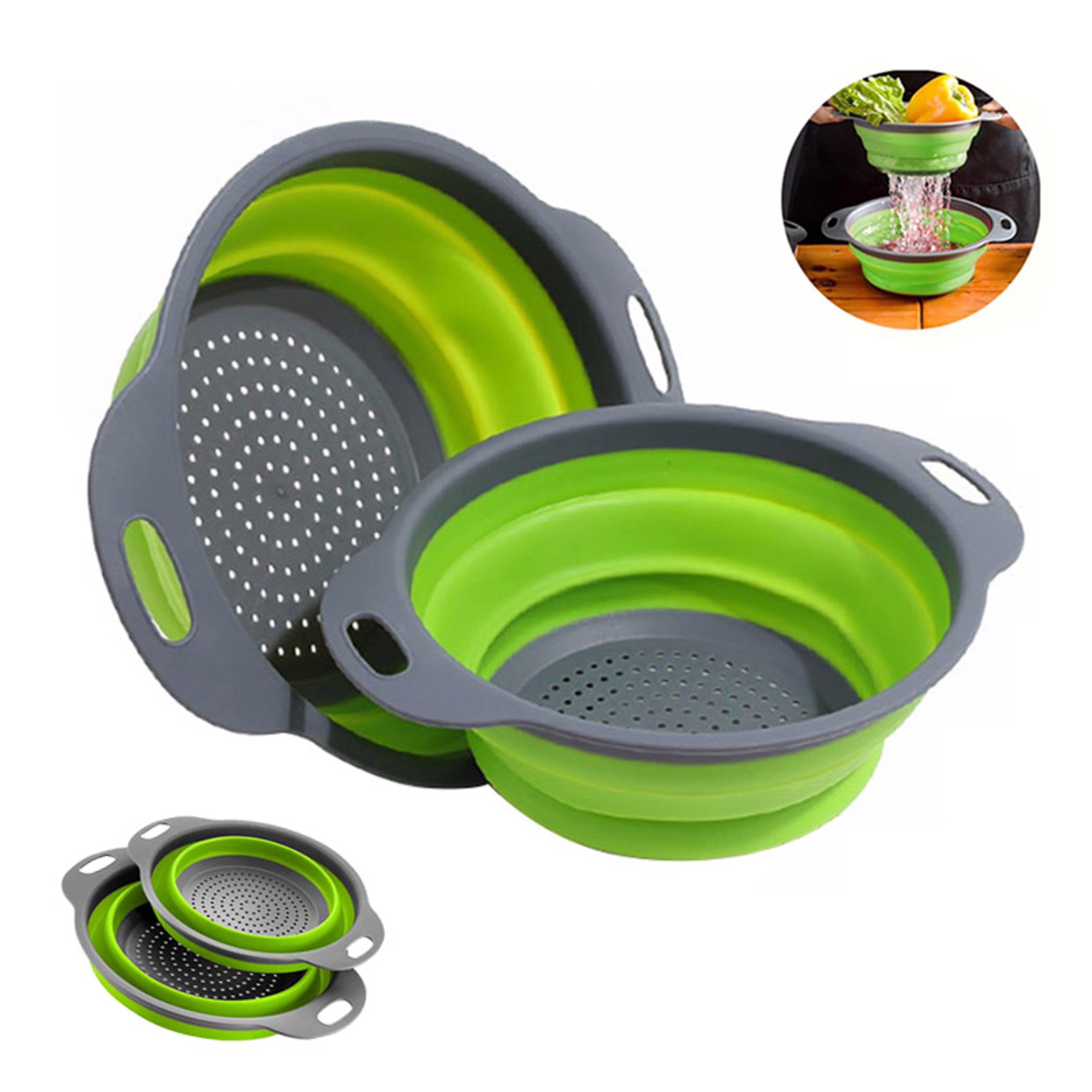 collapsible kitchen strainer gadget for washing, draining & storing produce, multi-use silicone colander basket