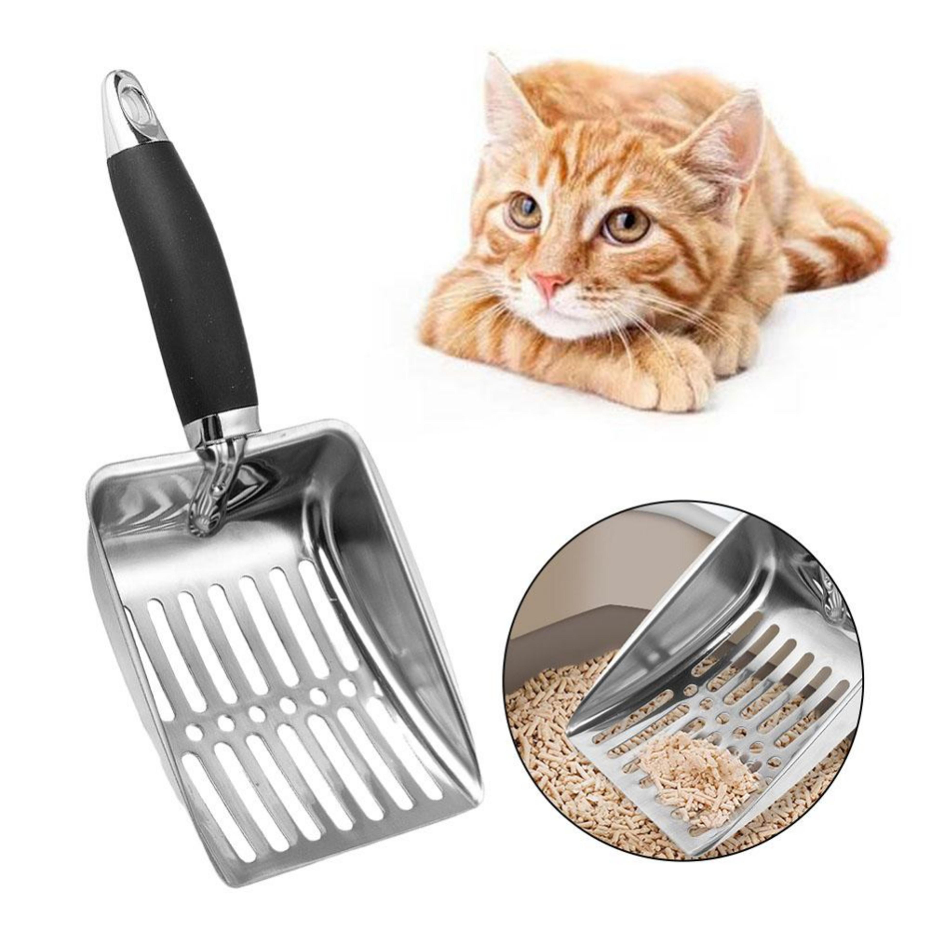 metal long handle scoop, stainless steel shovel, cat litter scoop, dog cat clean feces supplies, reduces dust