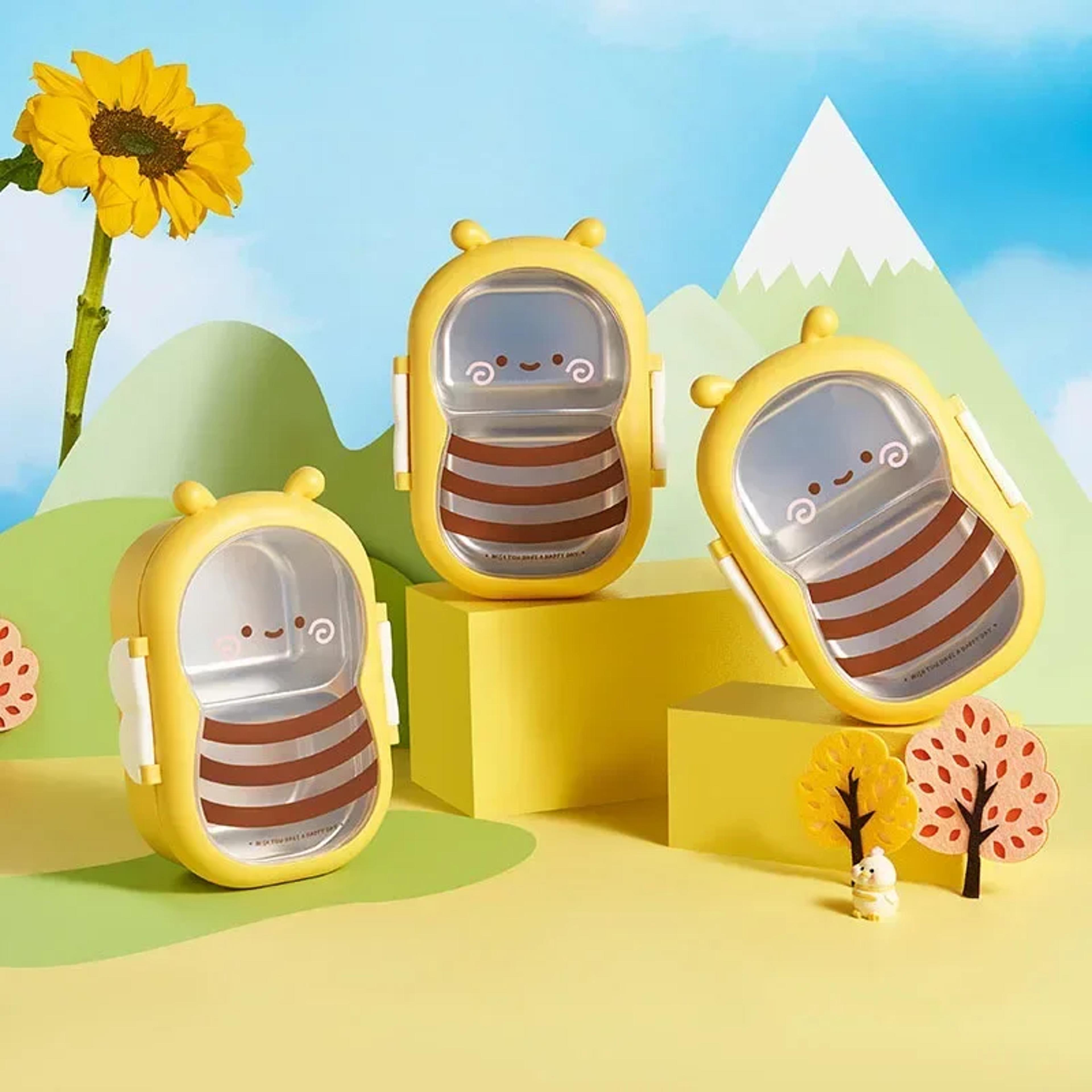 bee shape creative children's compartment lunch box, portable stainless steel food grade bento box with separate grids