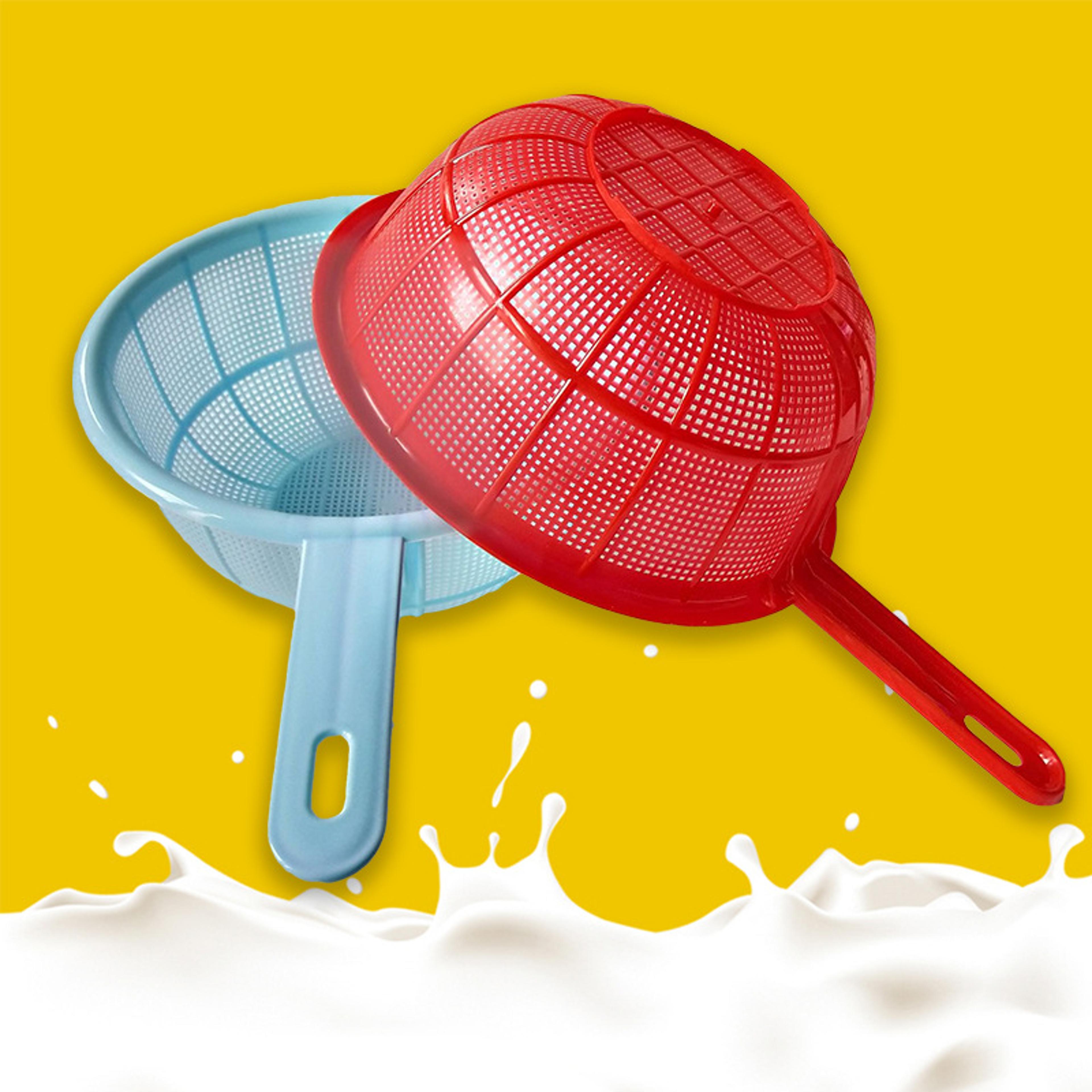 red circular household kitchen plastic vegetable strainer, fruit and rice wash drainage storage basket with handle