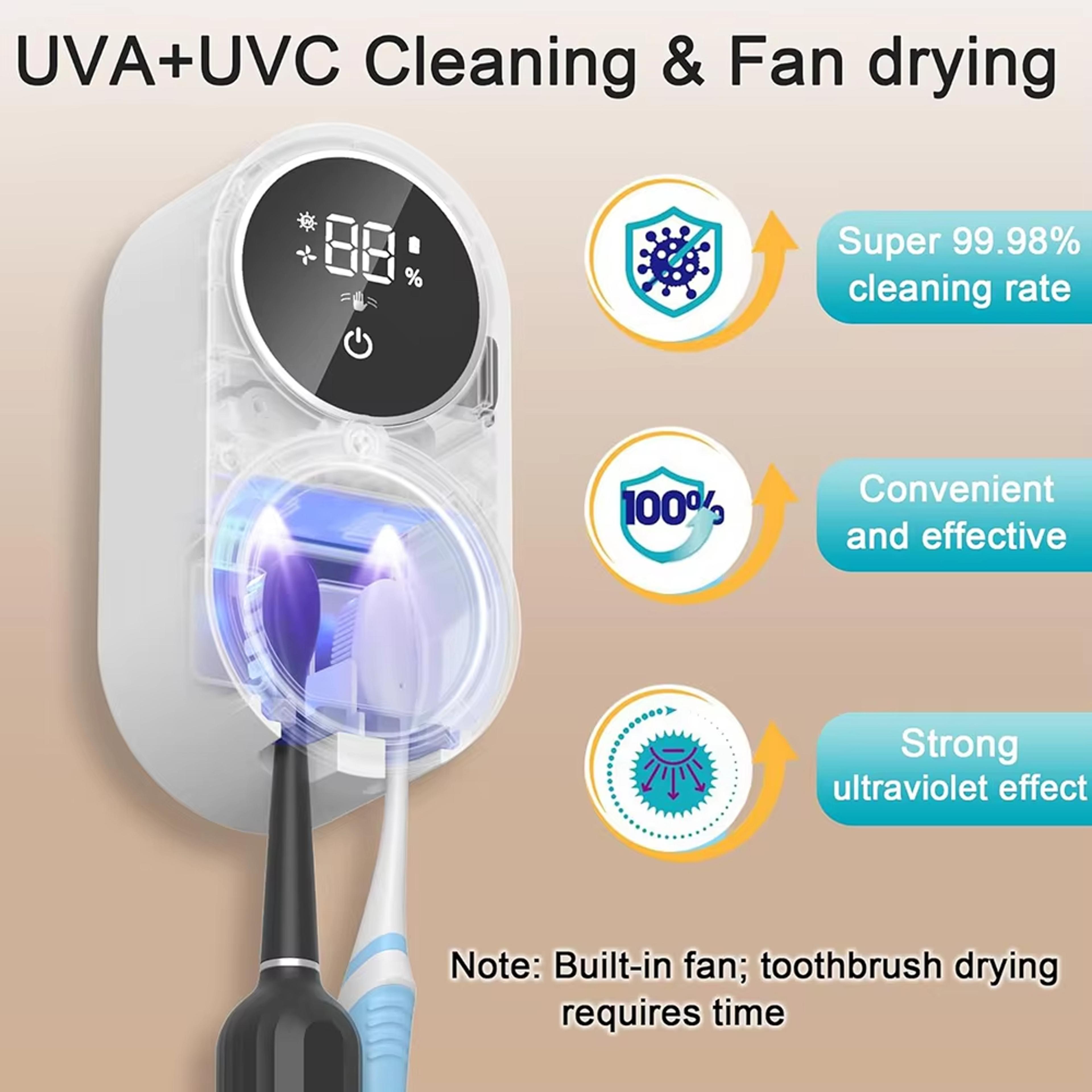 automatic toothbrush holder dryer, rechargeable, wall mounted with light cleaning feature
