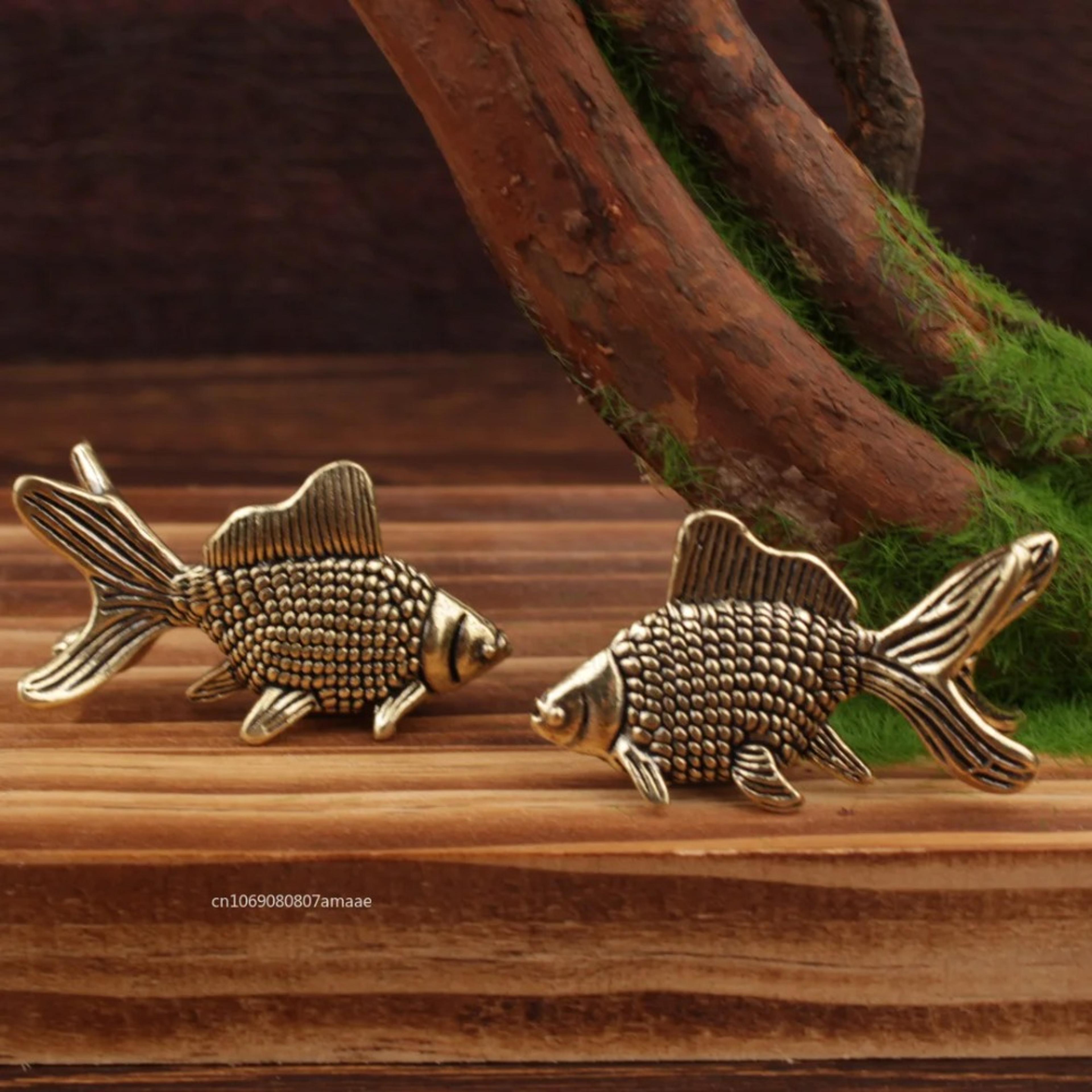 cute brass goldfish figurines, retro animal statue, desk decor tea pet gift ornament