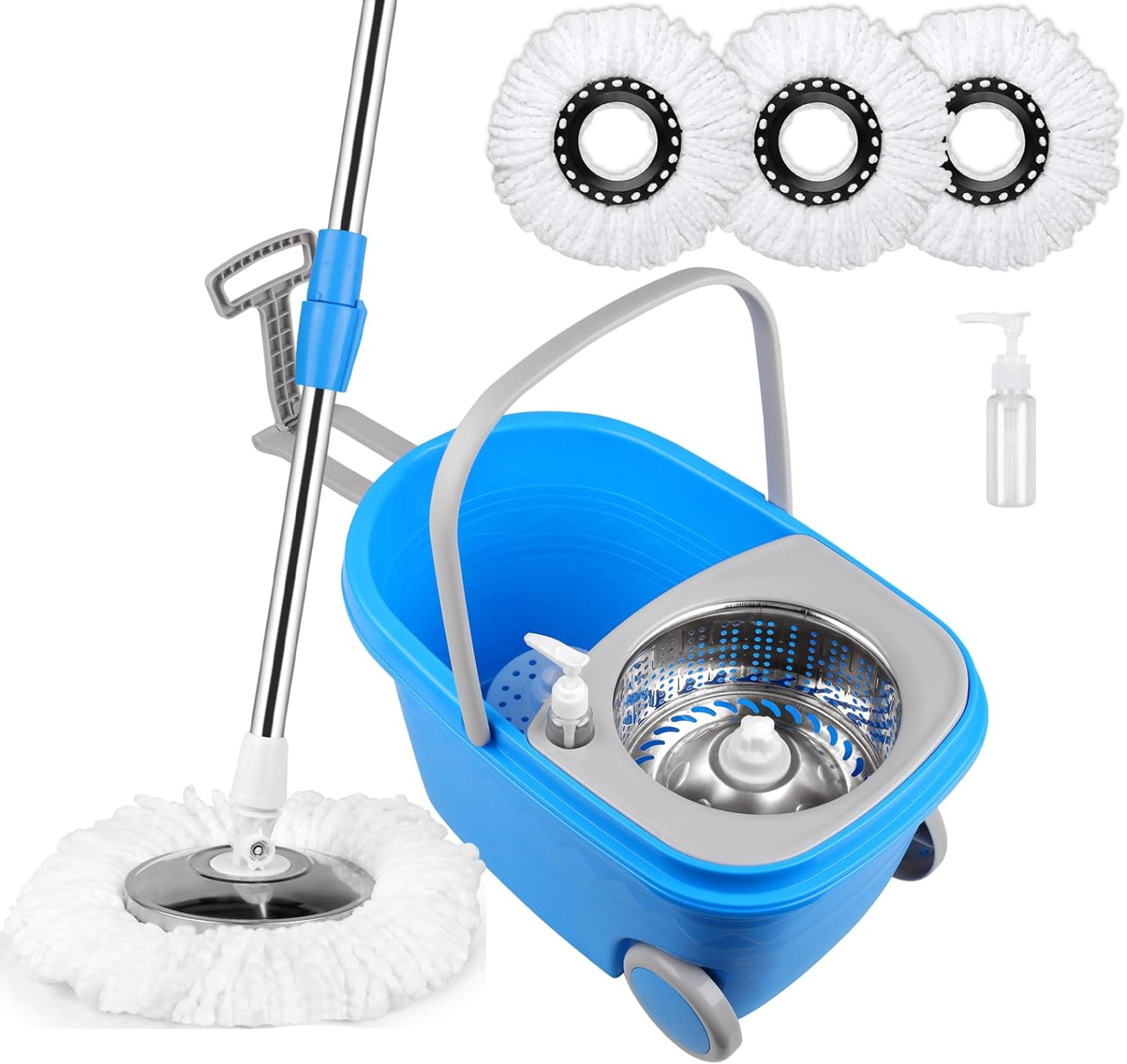 blue spin mop bucket sets with 3 microfiber heads, 61" extended handle household cleaning tools