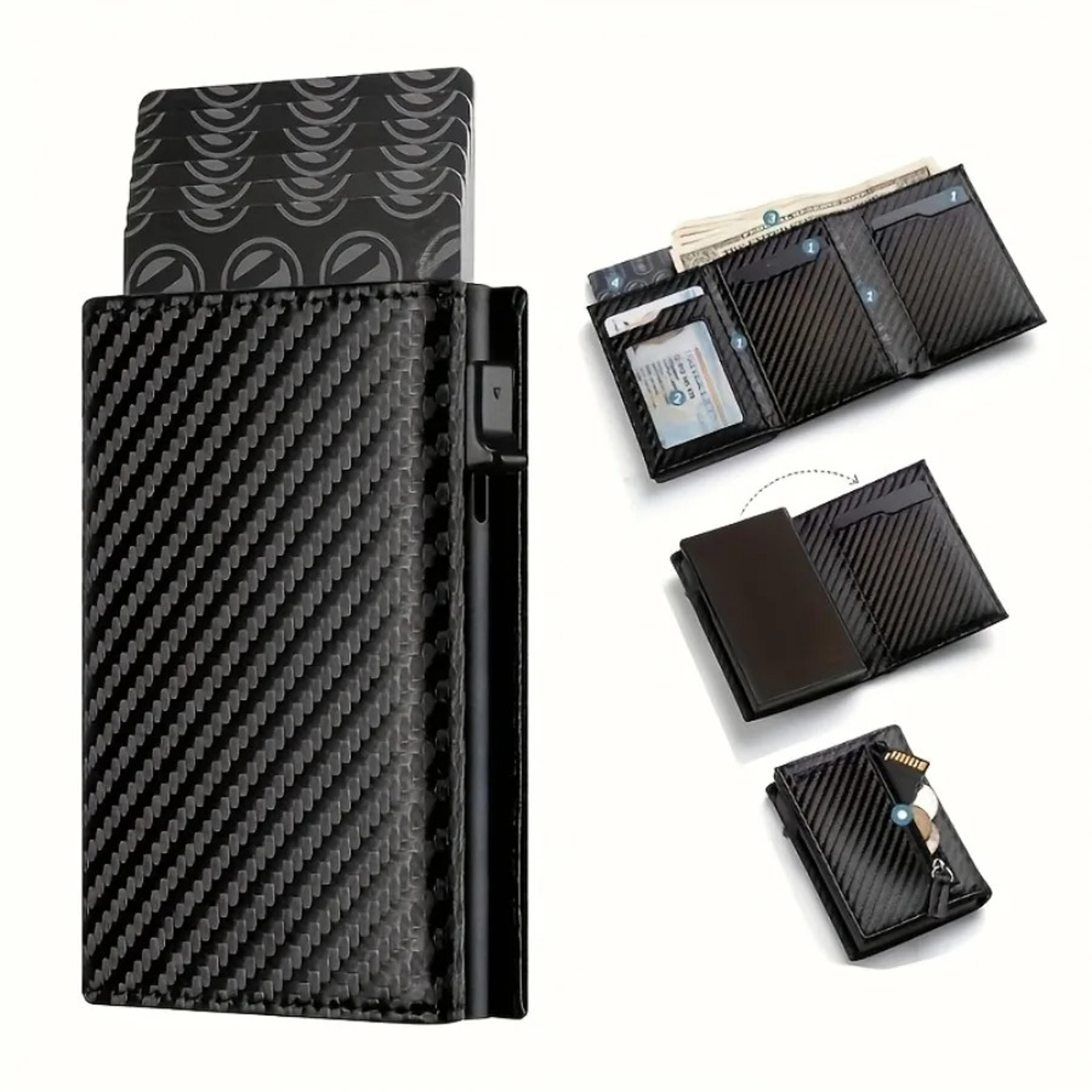 automatic pop-up metal credit card holder, men's wallet with zipper coin purse, minimalist rfid blocking business card