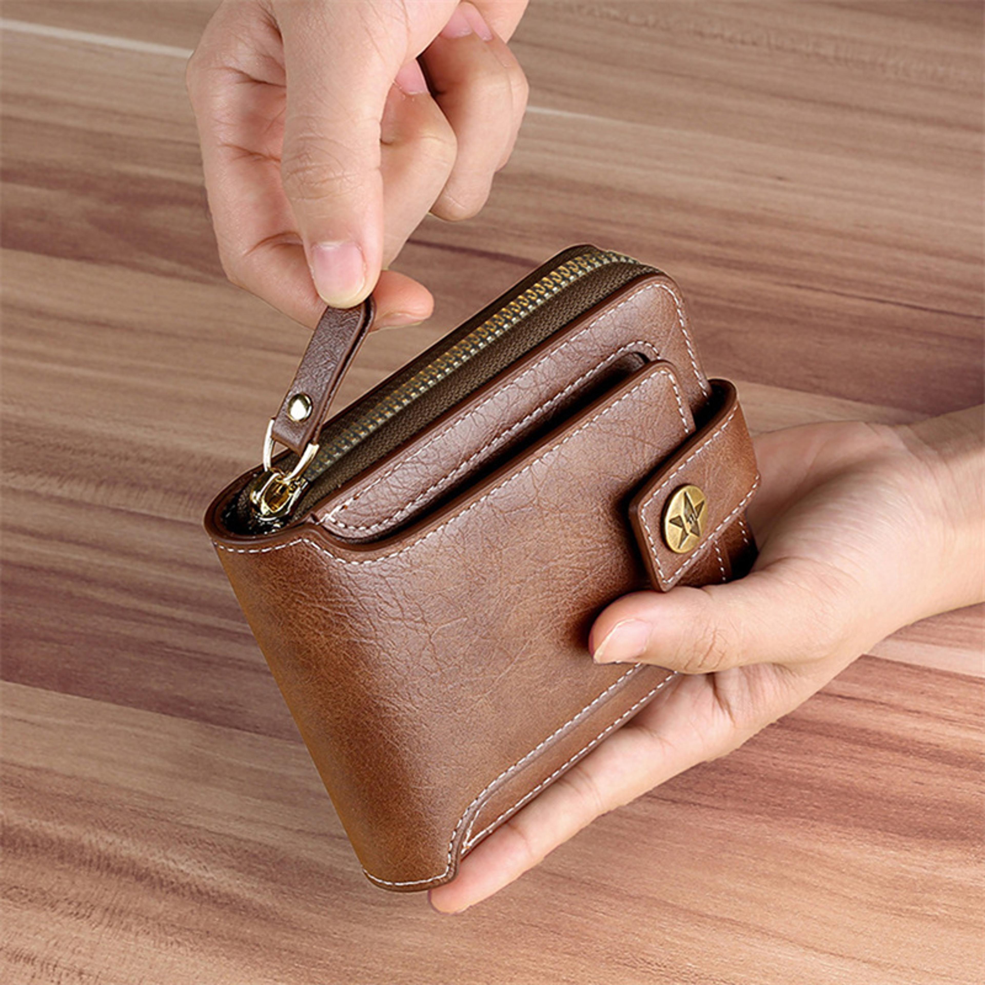 solid color men's wallet, vintage pu leather short purse, durable zipper hasp wallet