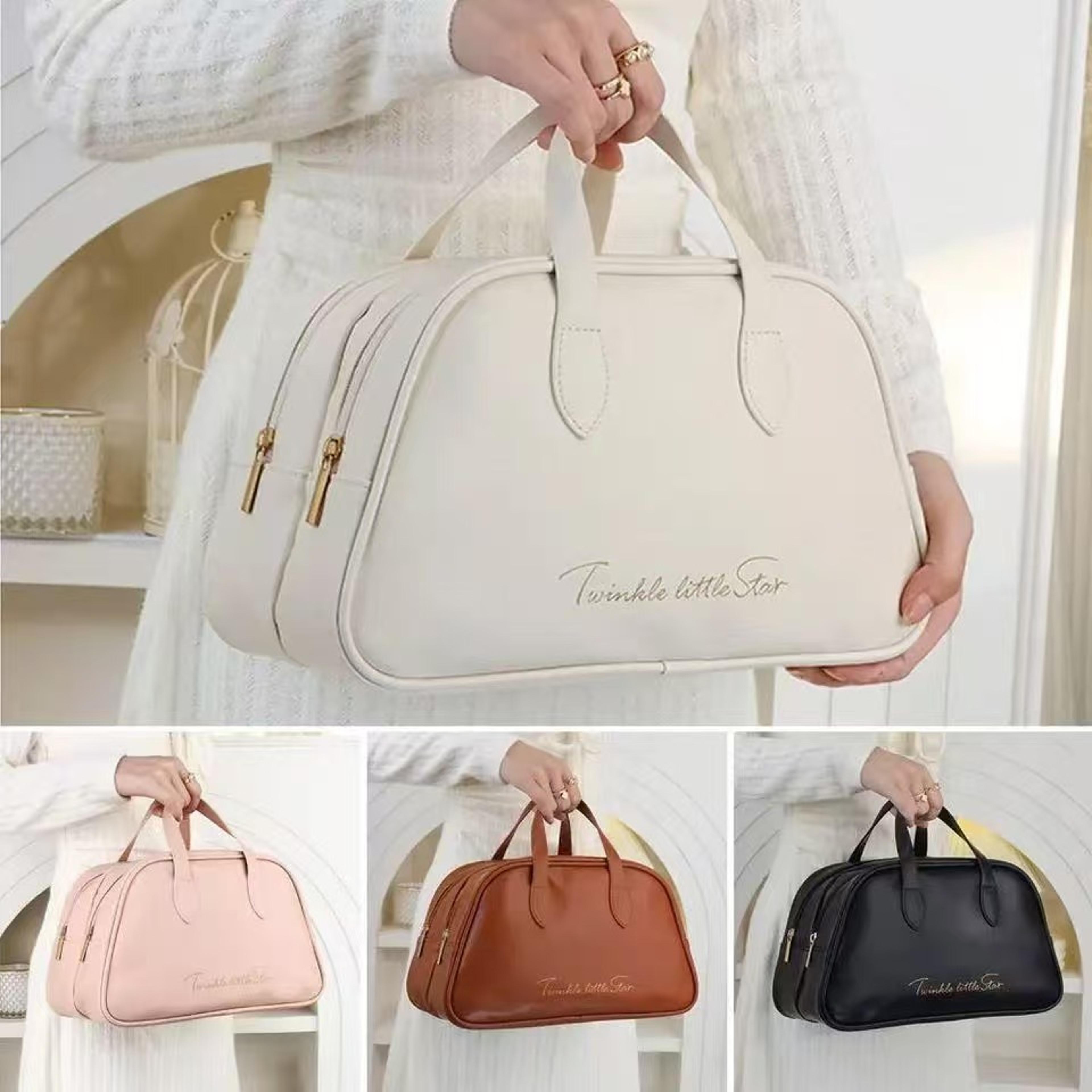 waterproof large-capacity double layer travel cosmetic bag, multifunctional pu makeup pouch for women