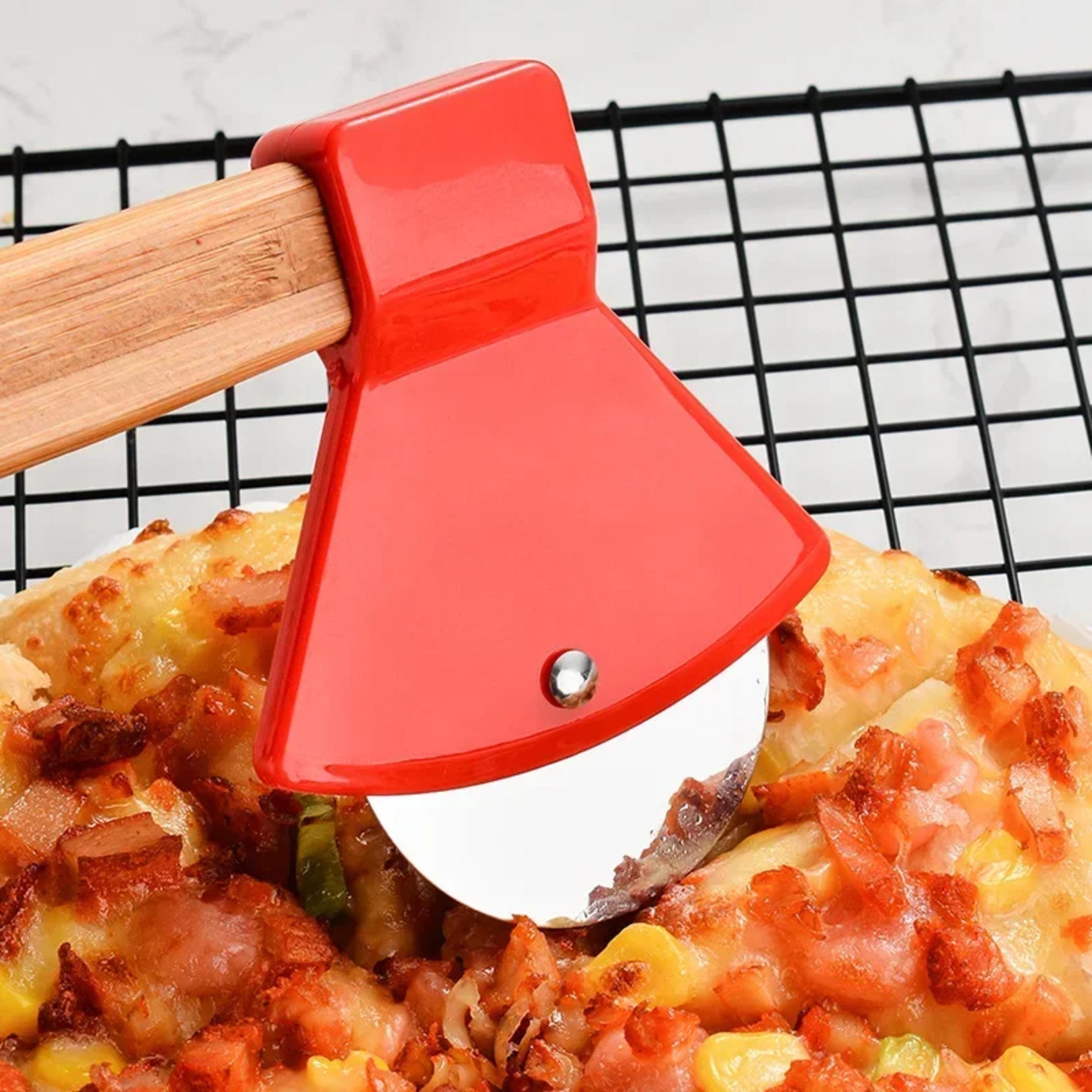 restaurant pizza cutter tool, stainless steel axe pizza cutter with bamboo handle, sharp rotating blade for kitchen use