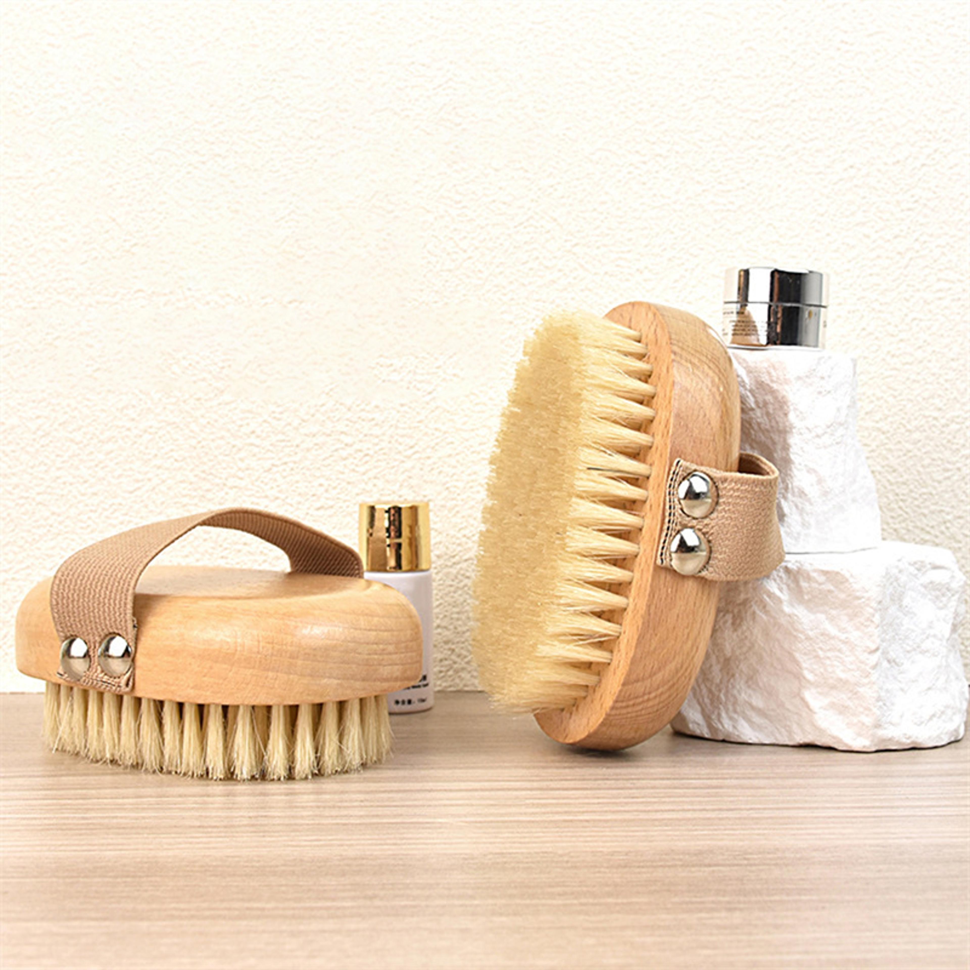 pig bristles wet dry skin body brush for exfoliation, body massage, and lymphatic drainage cleaning spa tool