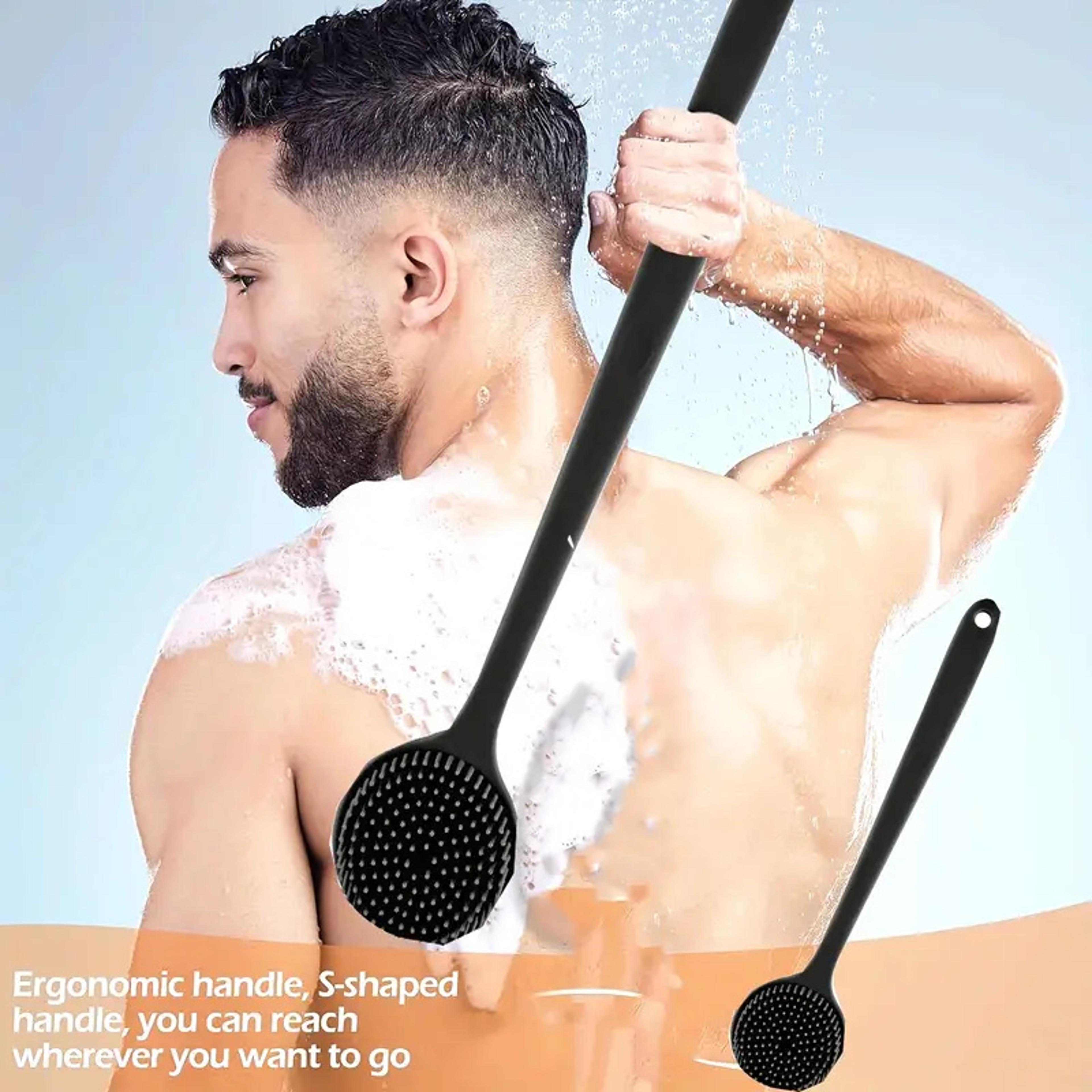 ergonomic back scrubber for exfoliating, long handle silicone bath brush with soft bristles for spa massaging