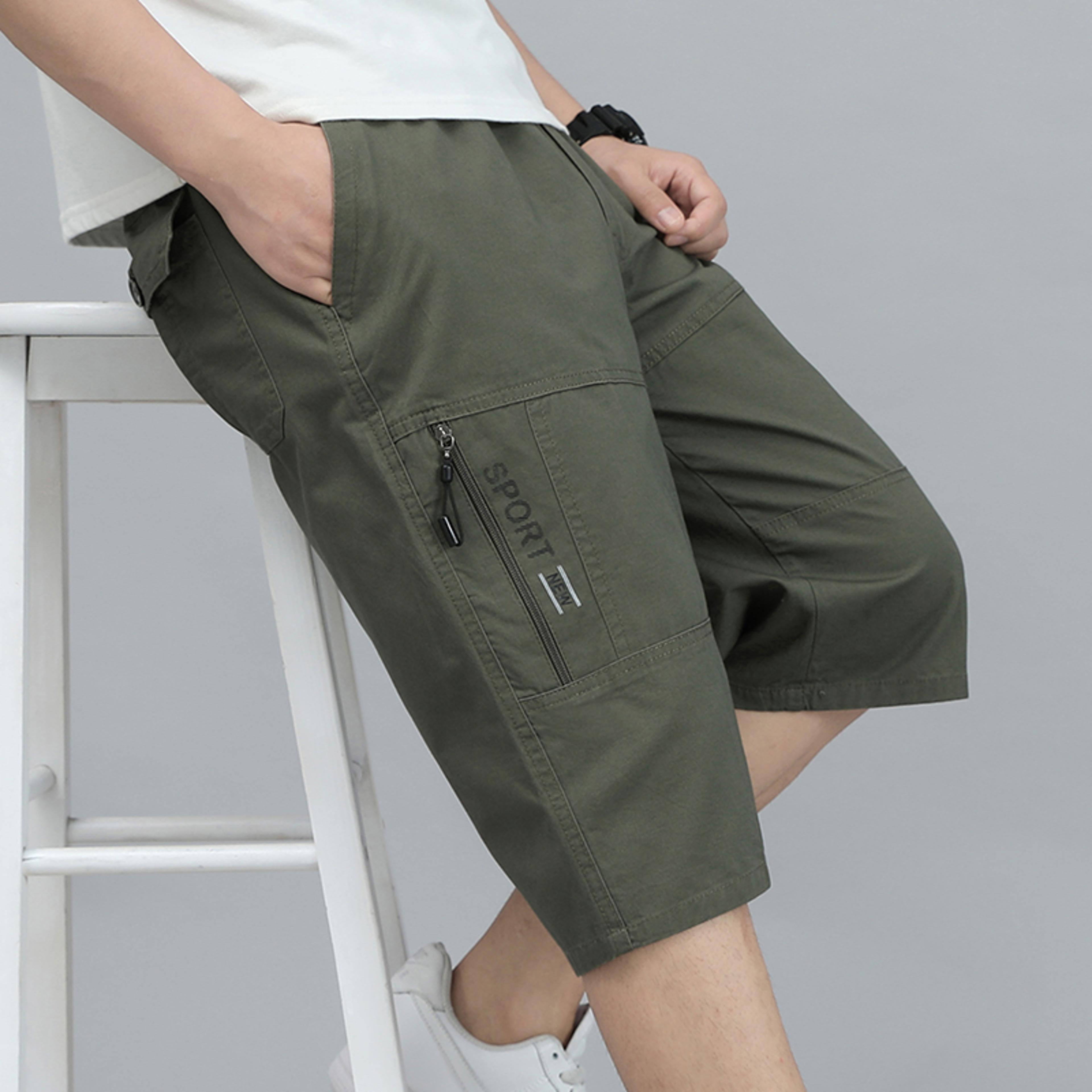 mens zipper pocket cargo shorts, knee pants, elastic waist sports wear