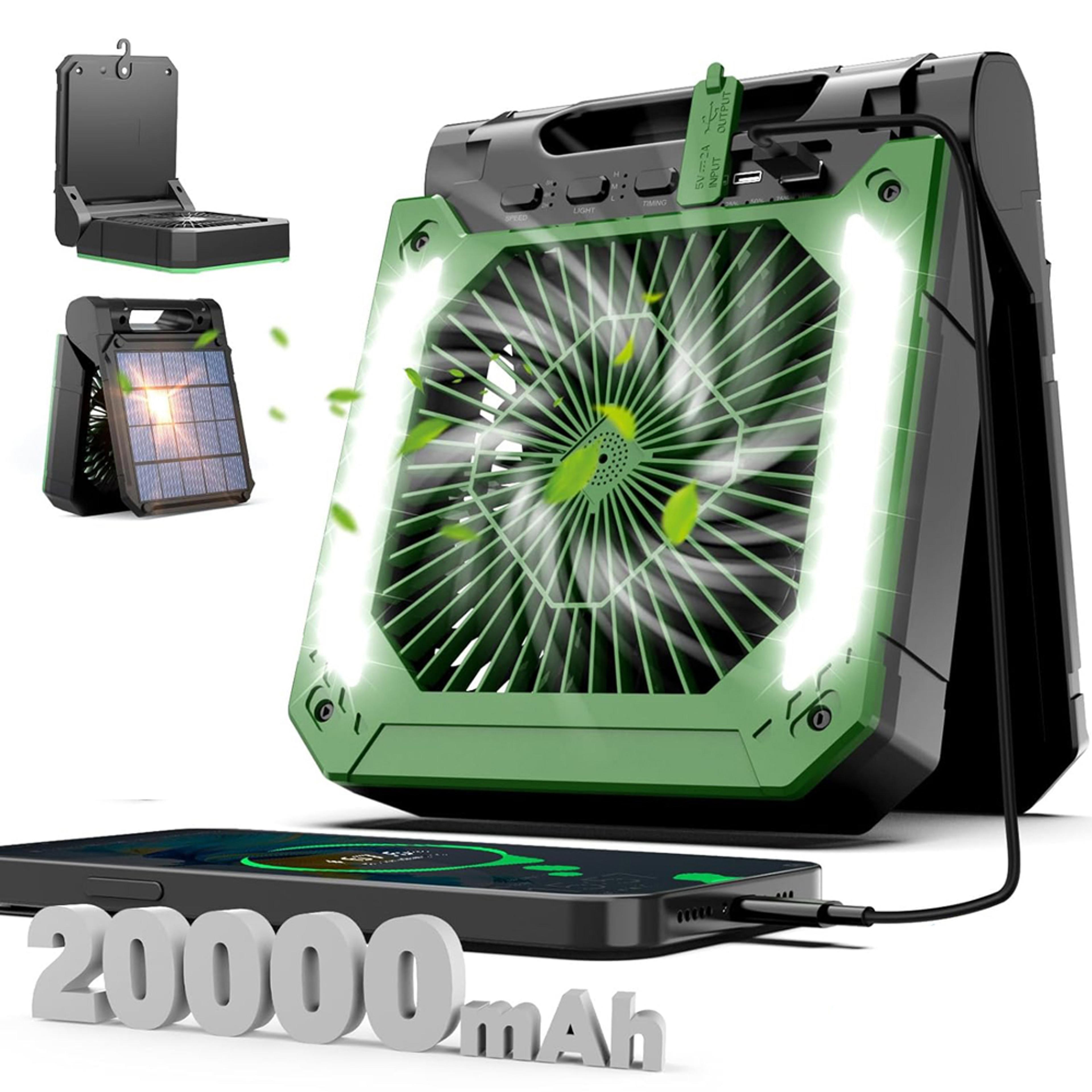 portable electric fan with led light, usb & solar charging for car, picnic, and hiking