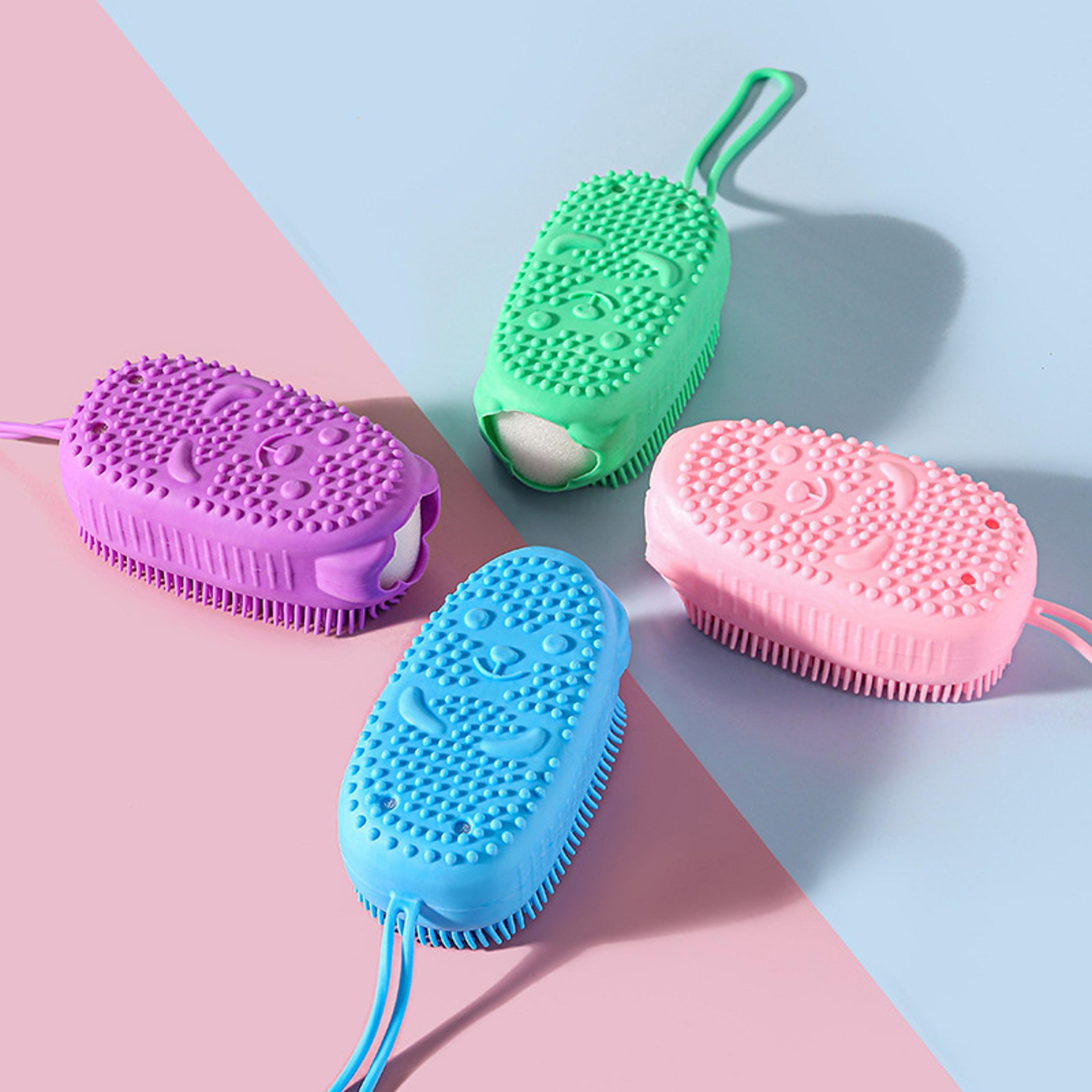 double-sided body scrubber handheld, silicone soft bristles, shower bath cleansing skin brush