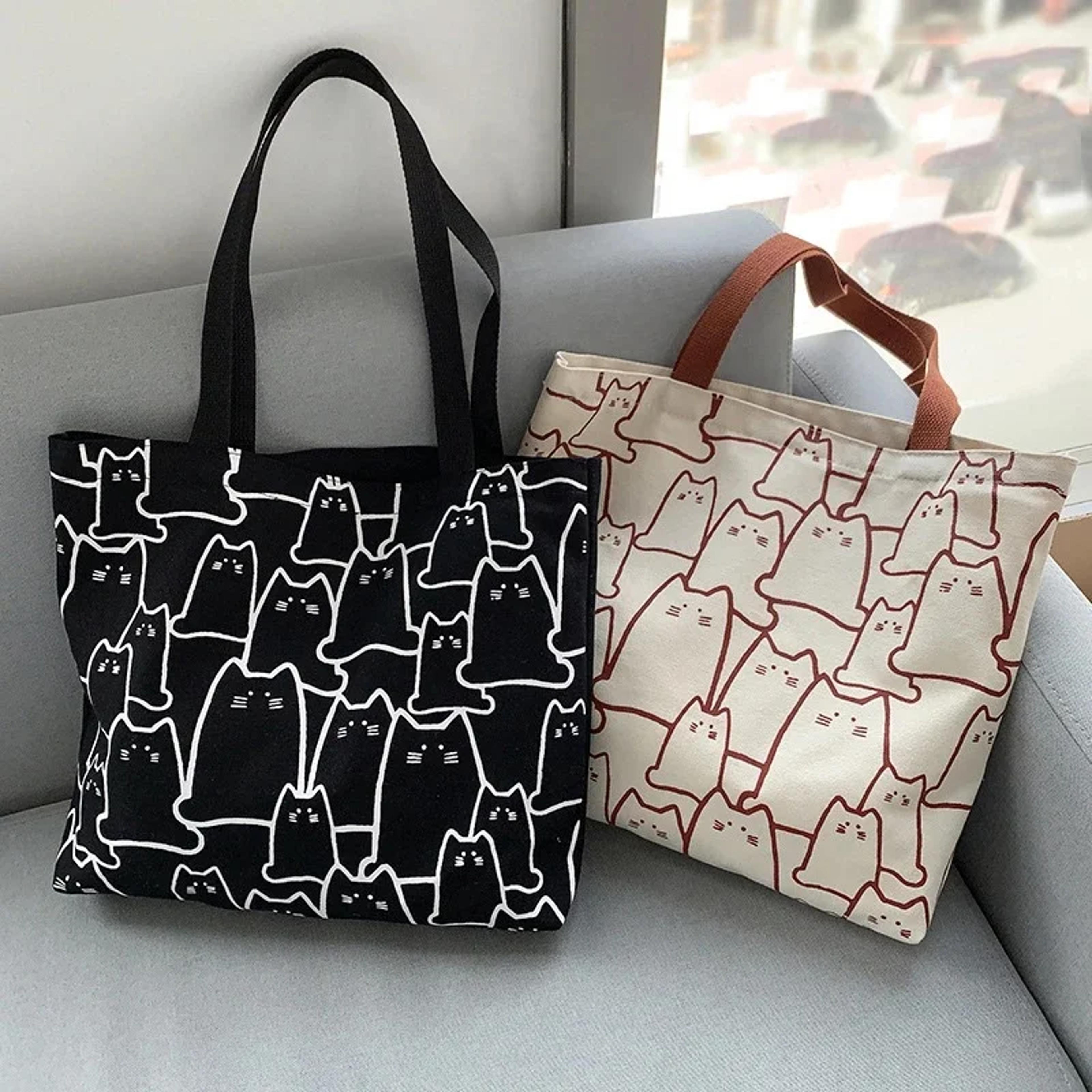 fashion canvas cute cat shopper handbags, casual graphic tote for women, small shoulder japanese cartoon bag