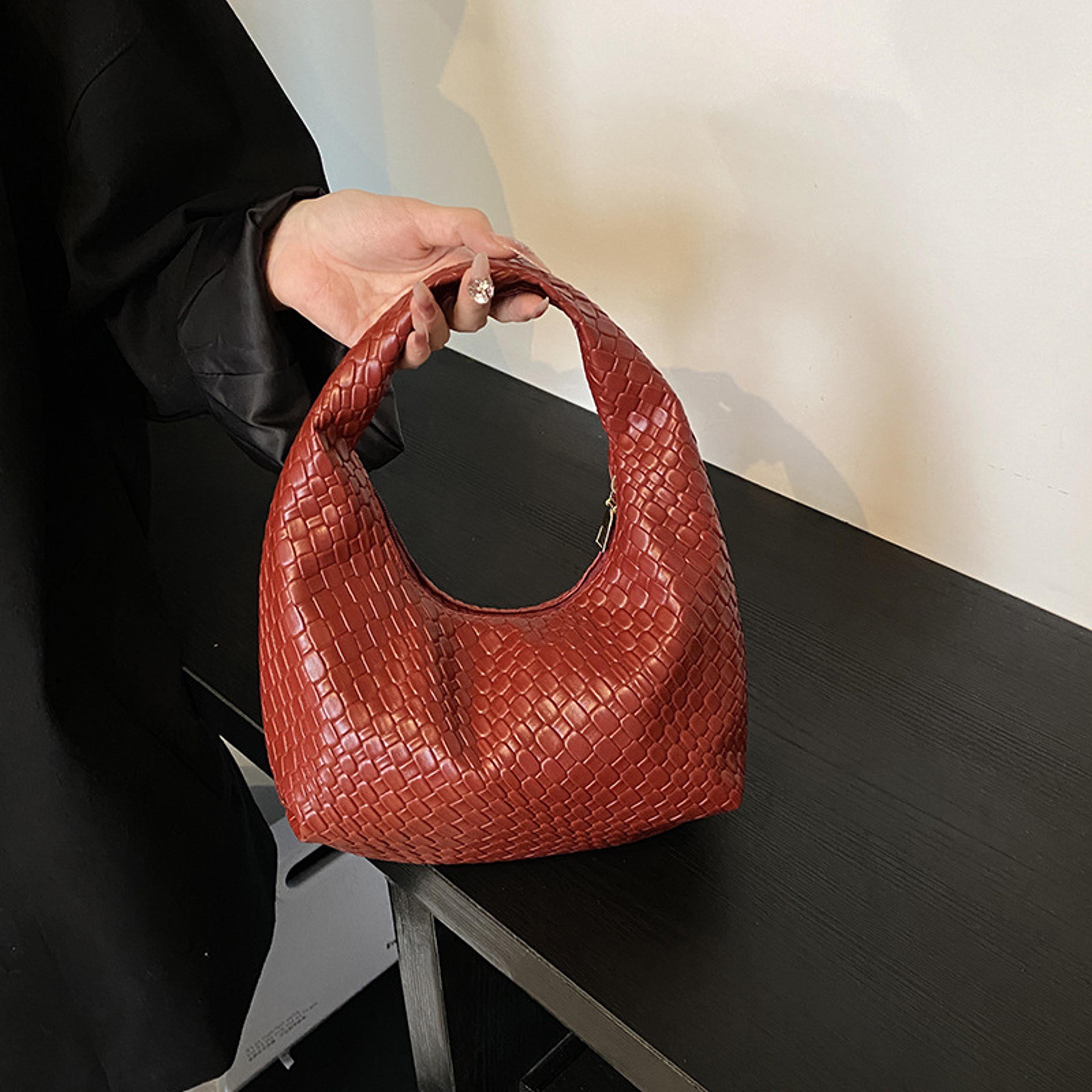small top-handle shoulder bag for women, classic fashion woven embossed hobo pu leather handbag